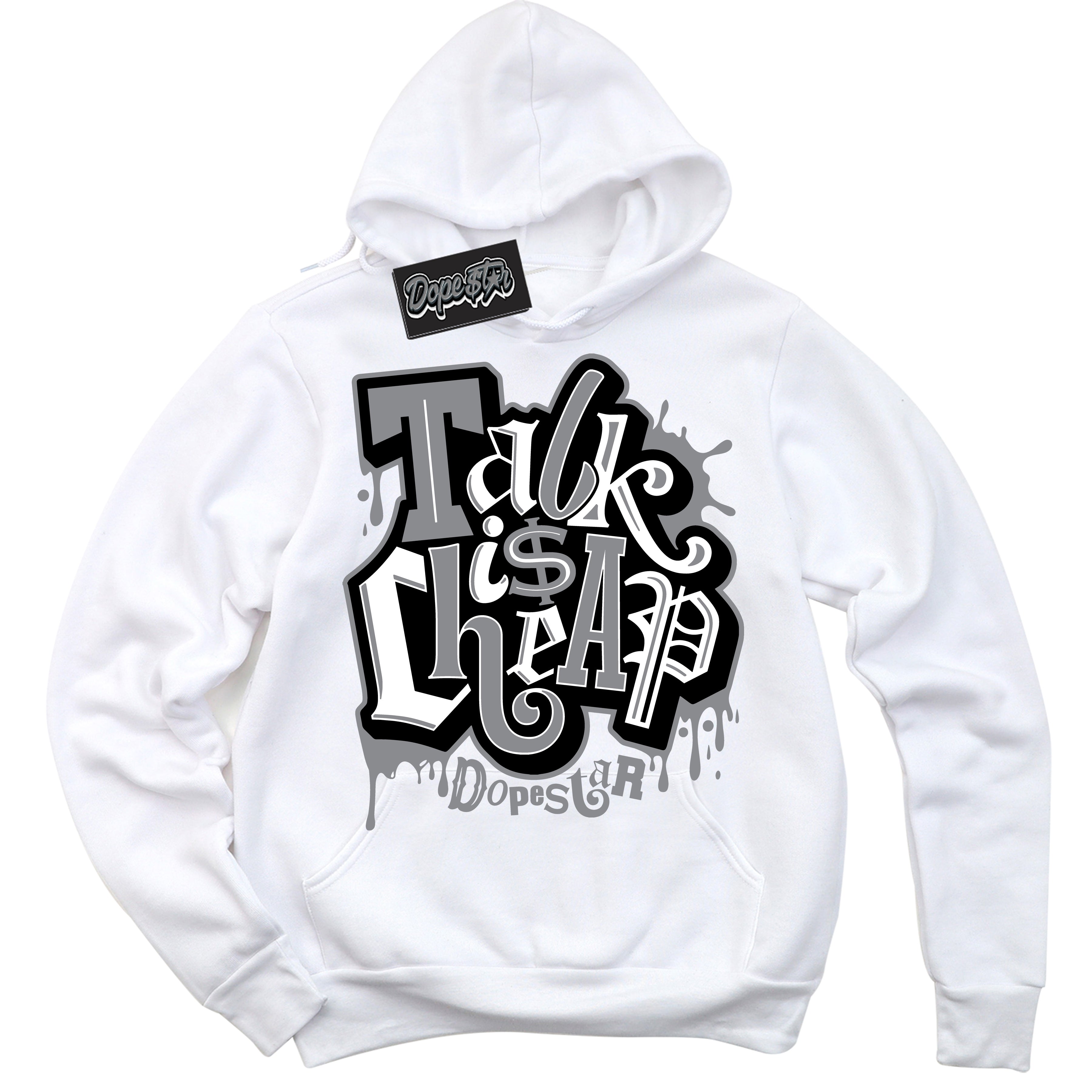 Cool White Hoodie with “ Talk Is Cheap ” design that Perfectly Matches Black Canvas 4s Sneakers.
