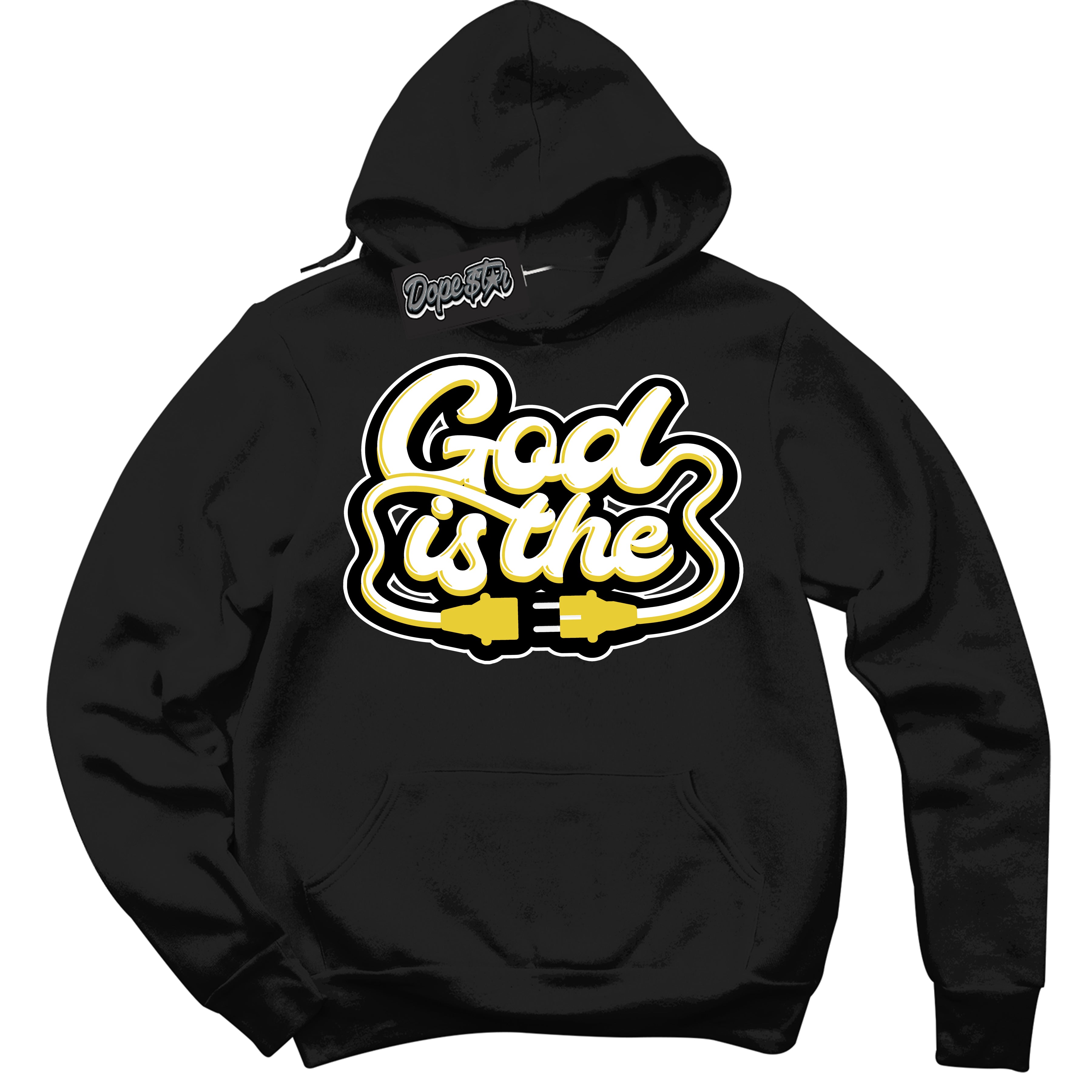 Cool Black Hoodie with “ God Is ”  design that Perfectly Matches Vivid Sulfur 4s Jordans.