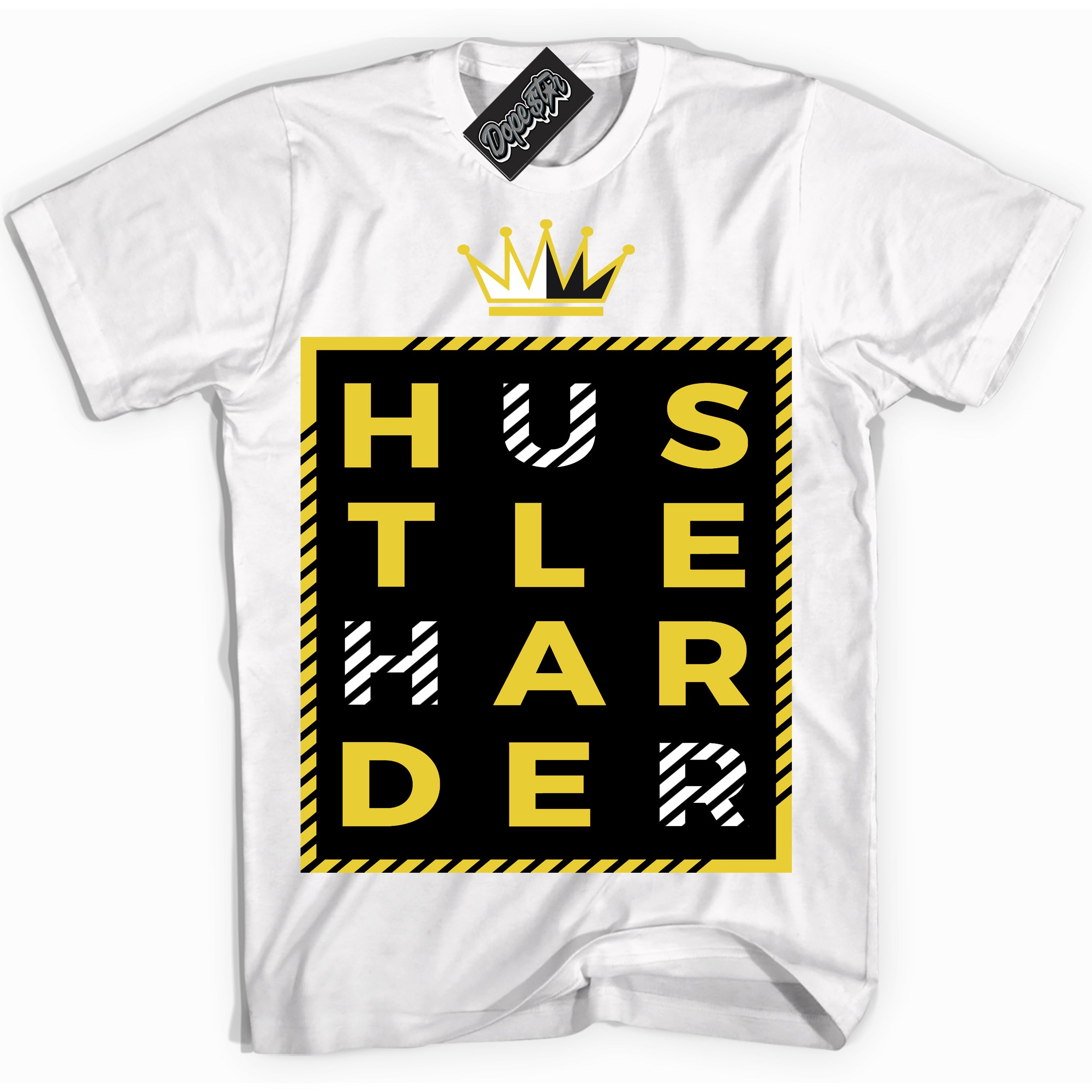 Cool White Shirt with “ Hustle Harder” design that perfectly matches Vivid Sulfur 4s Jordans.