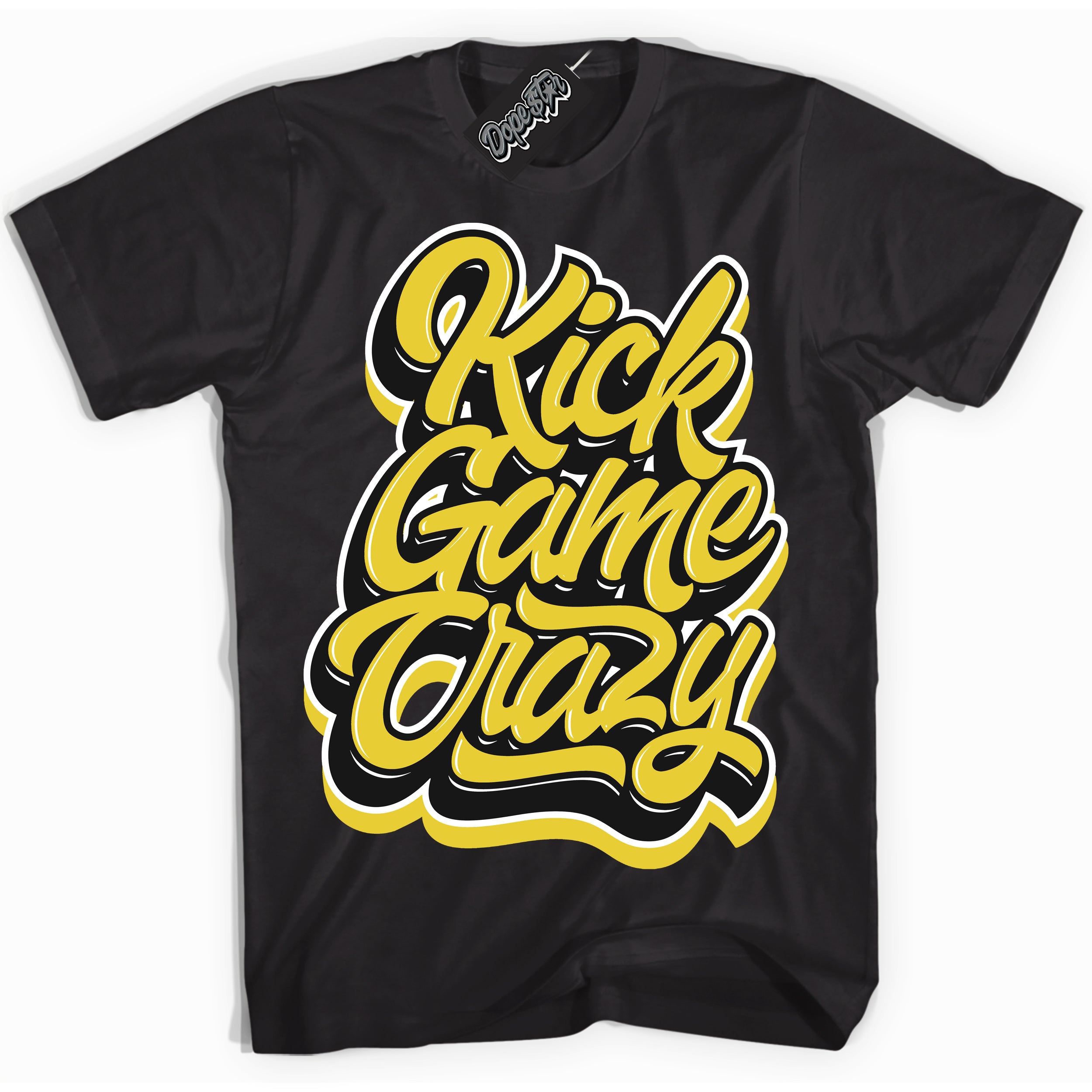 Cool Black Shirt with “ Kick Game Crazy” design that perfectly matches Vivid Sulfur 4s Jordans.