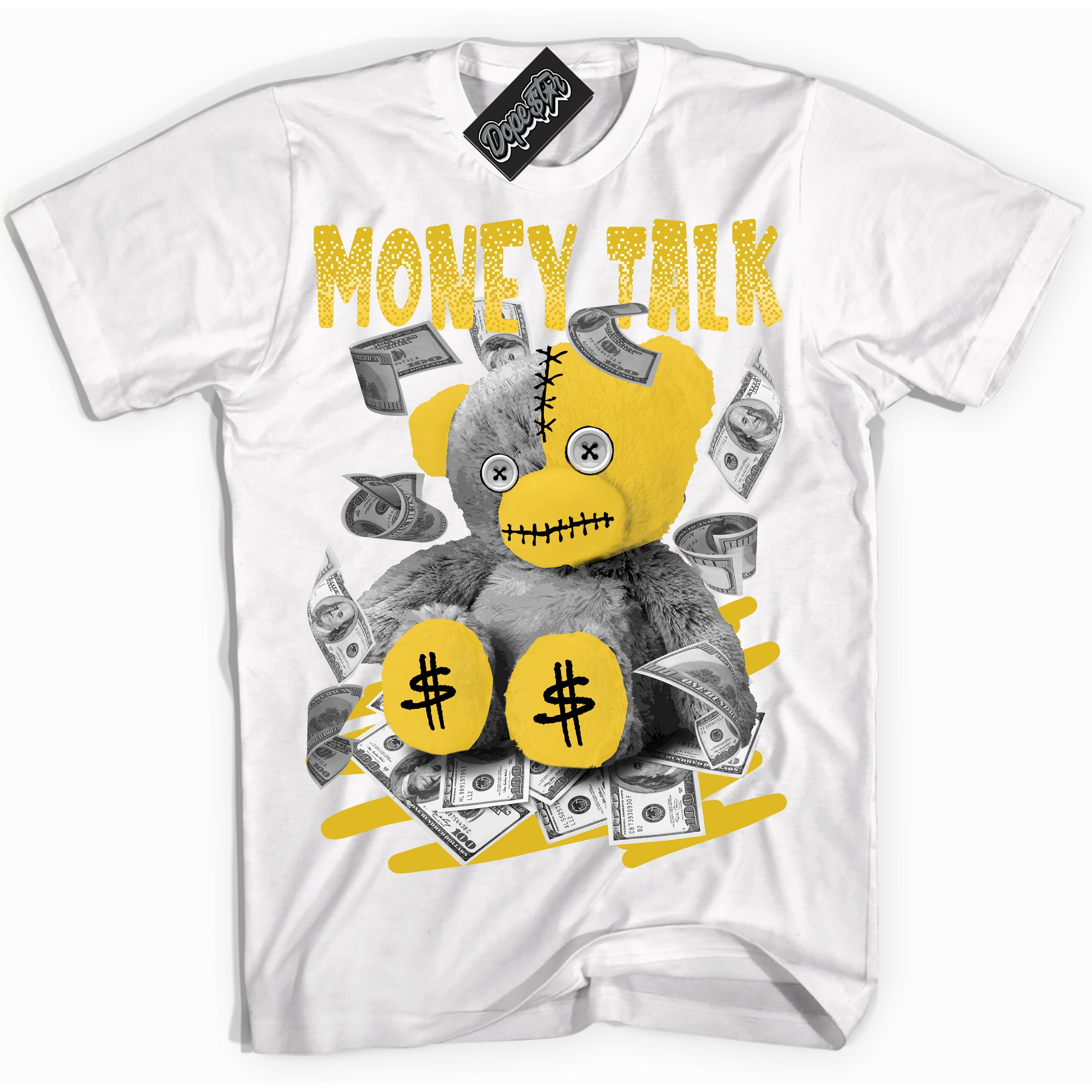 Cool White Shirt with “ Money Talk Bear” design that perfectly matches Vivid Sulfur 4s Jordans.