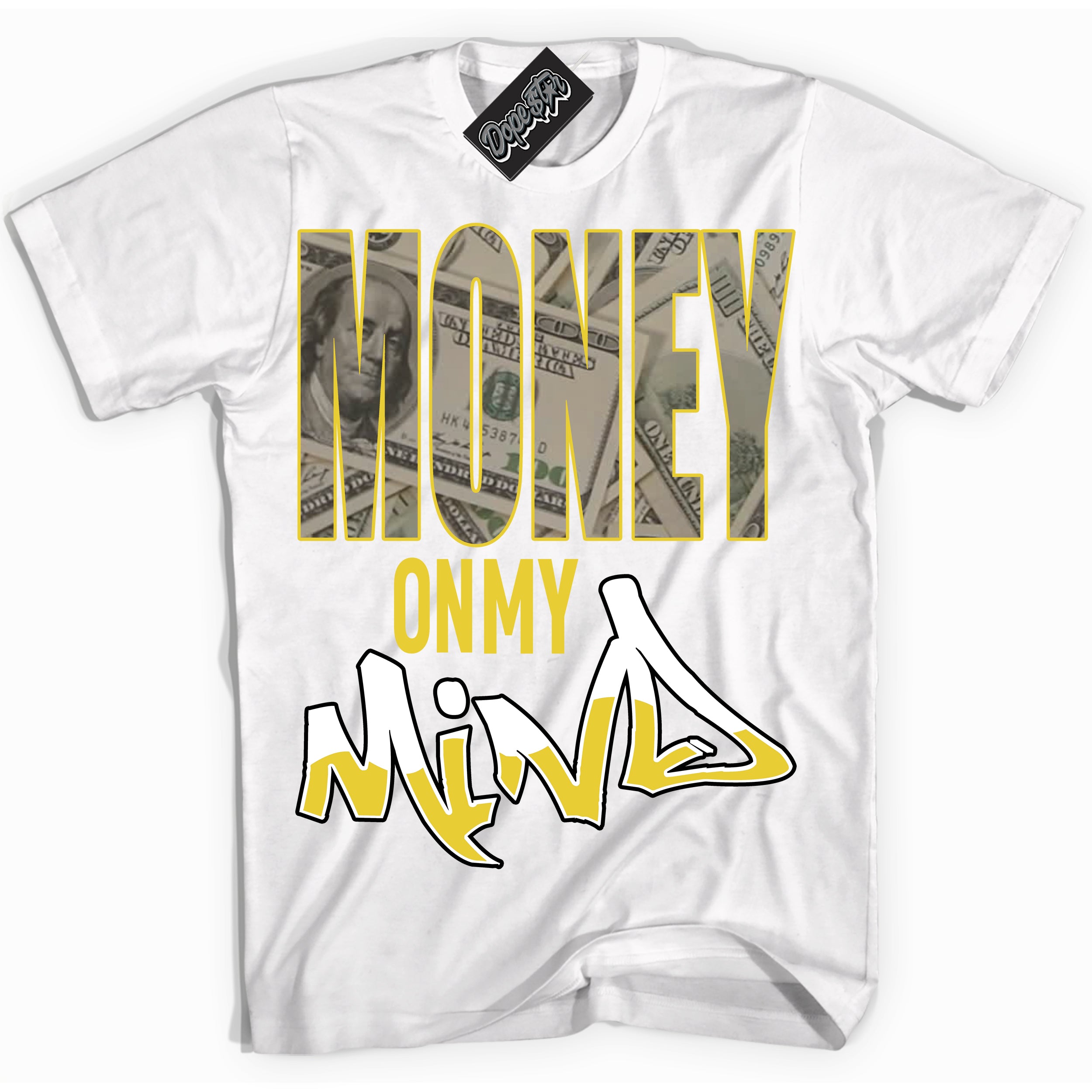 Cool White Shirt with “ Money On My Mind” design that perfectly matches Vivid Sulfur 4s Jordans.