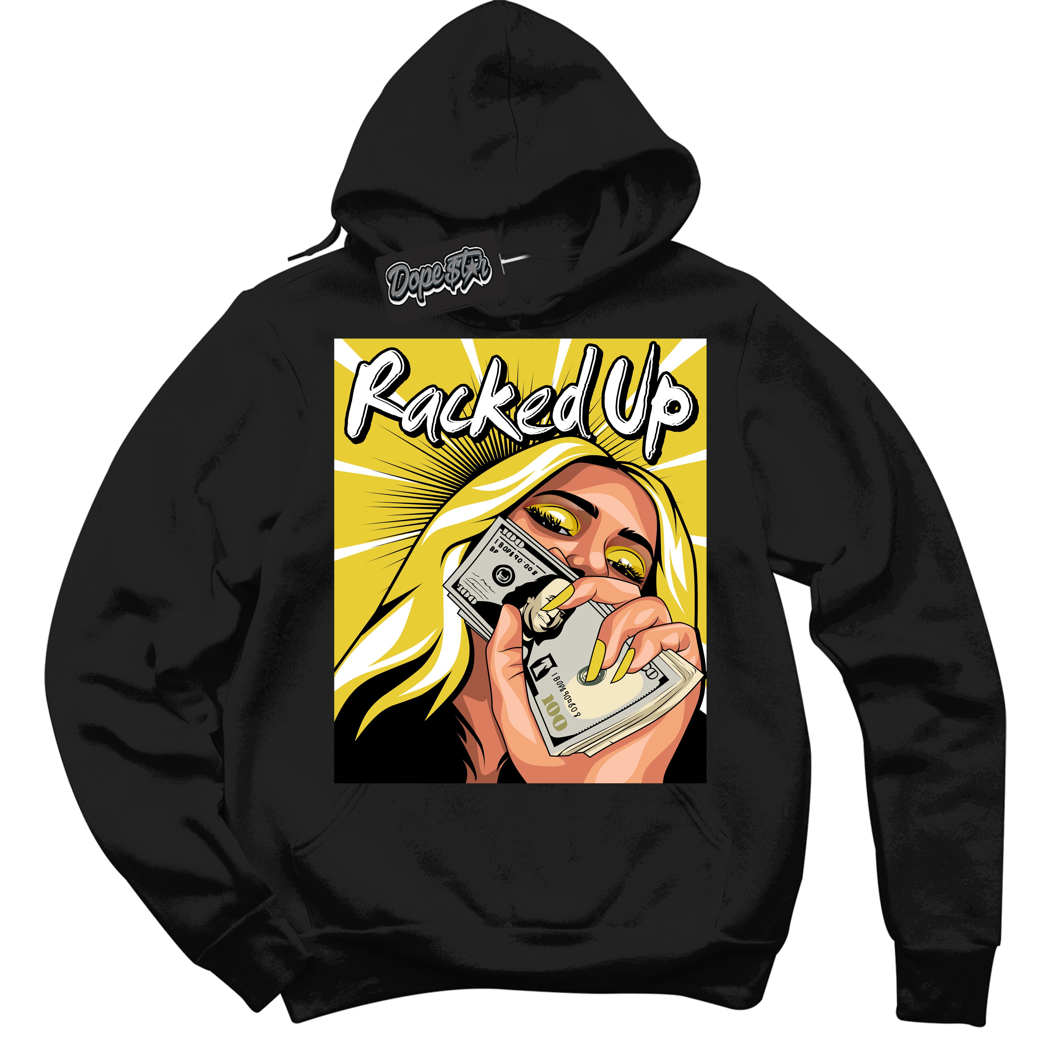 Cool Black Hoodie with “ Racked Up ”  design that Perfectly Matches Vivid Sulfur 4s Jordans.