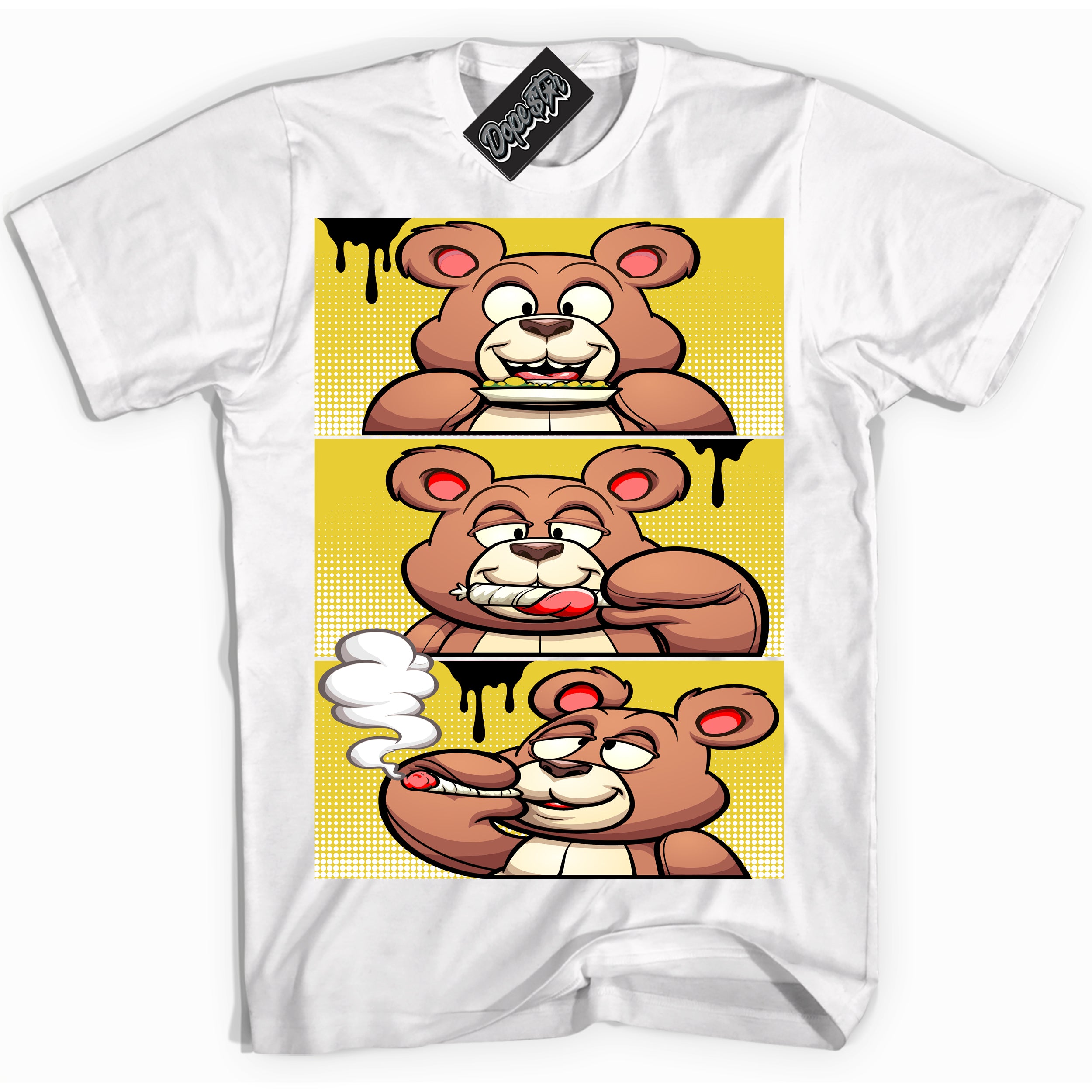 Cool White Shirt with “ Roll It Lick It Smoke It Bear” design that perfectly matches Vivid Sulfur 4s Jordans.
