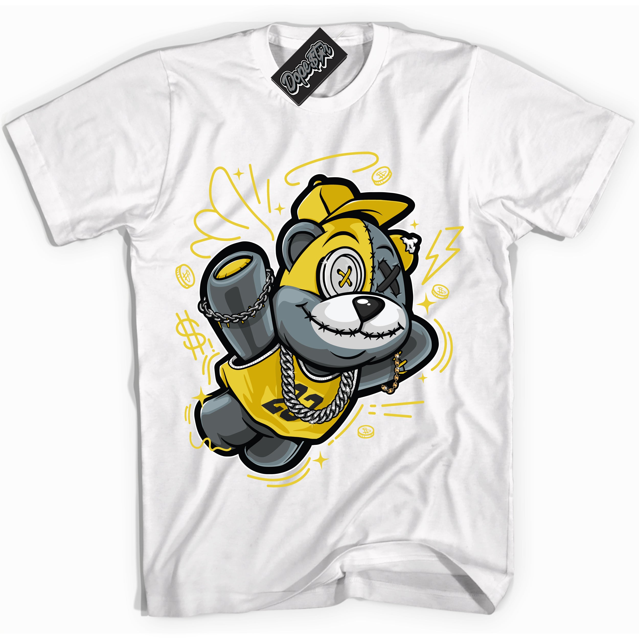 Cool White Shirt with “ Slam Dunk Bear” design that perfectly matches Vivid Sulfur 4s Jordans.