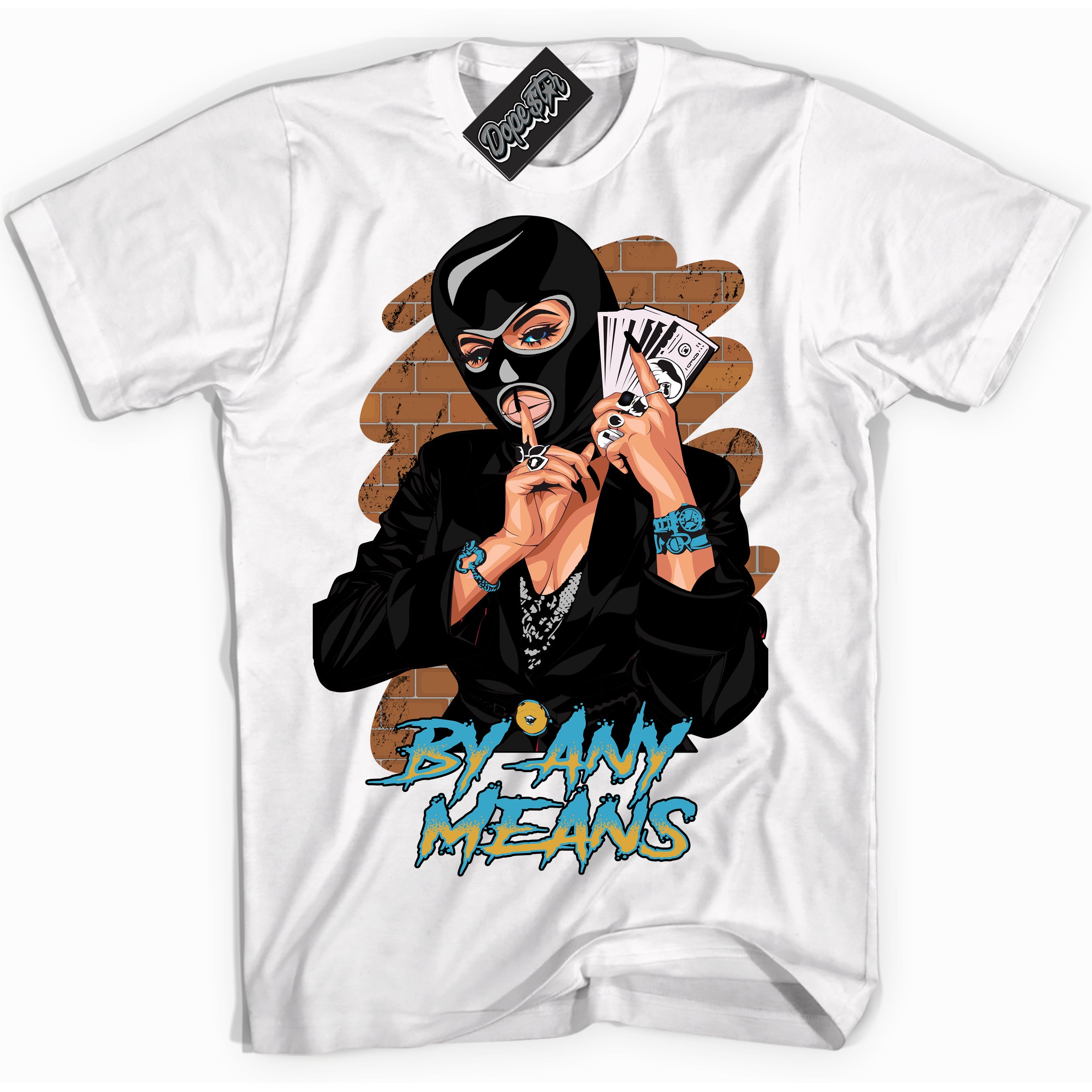 Cool White Shirt with “ By Any Means” design that perfectly matches Aqua 5s Sneakers.