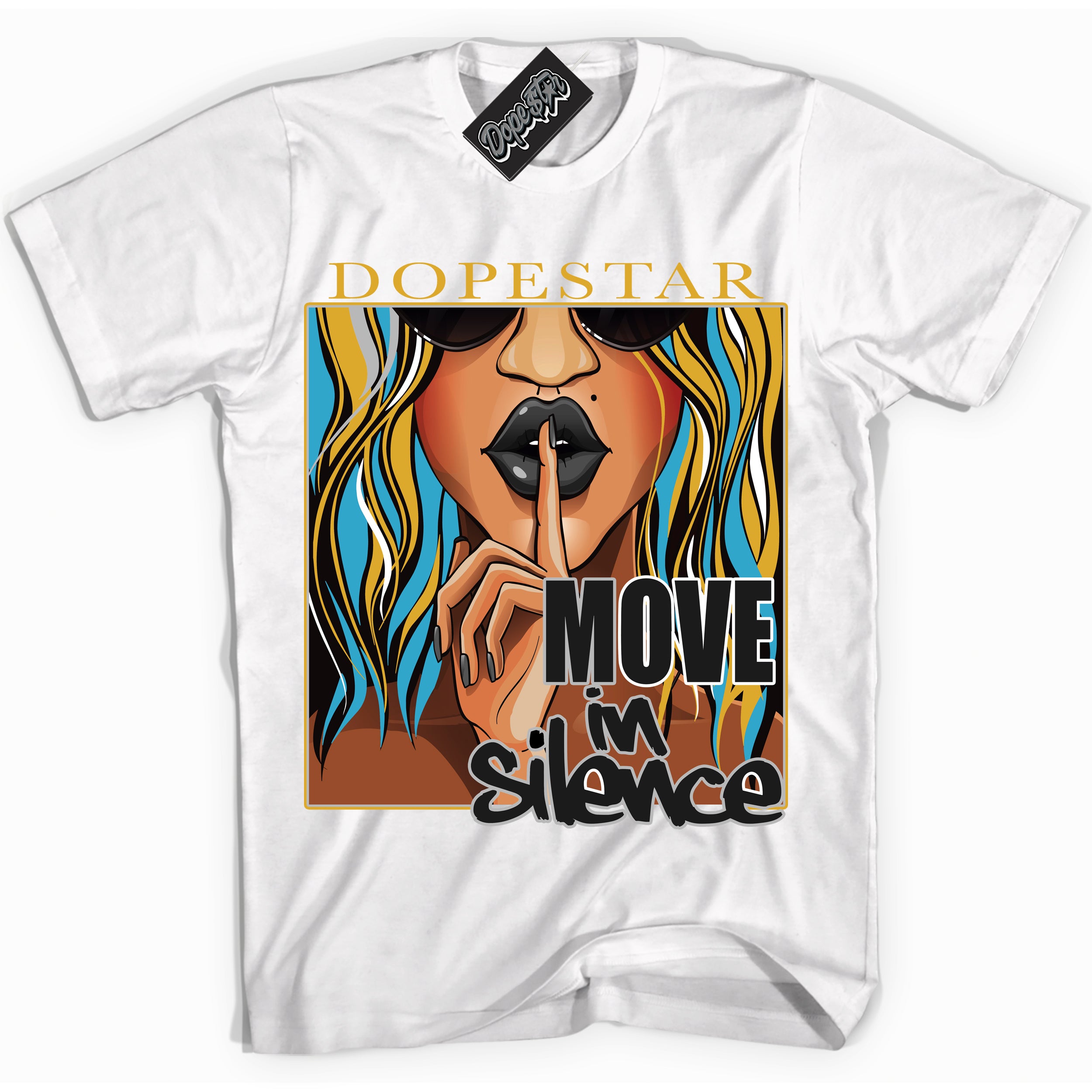 Cool White graphic tee with “ Move In Silence ” print, that perfectly matches AQUA 5s sneakers