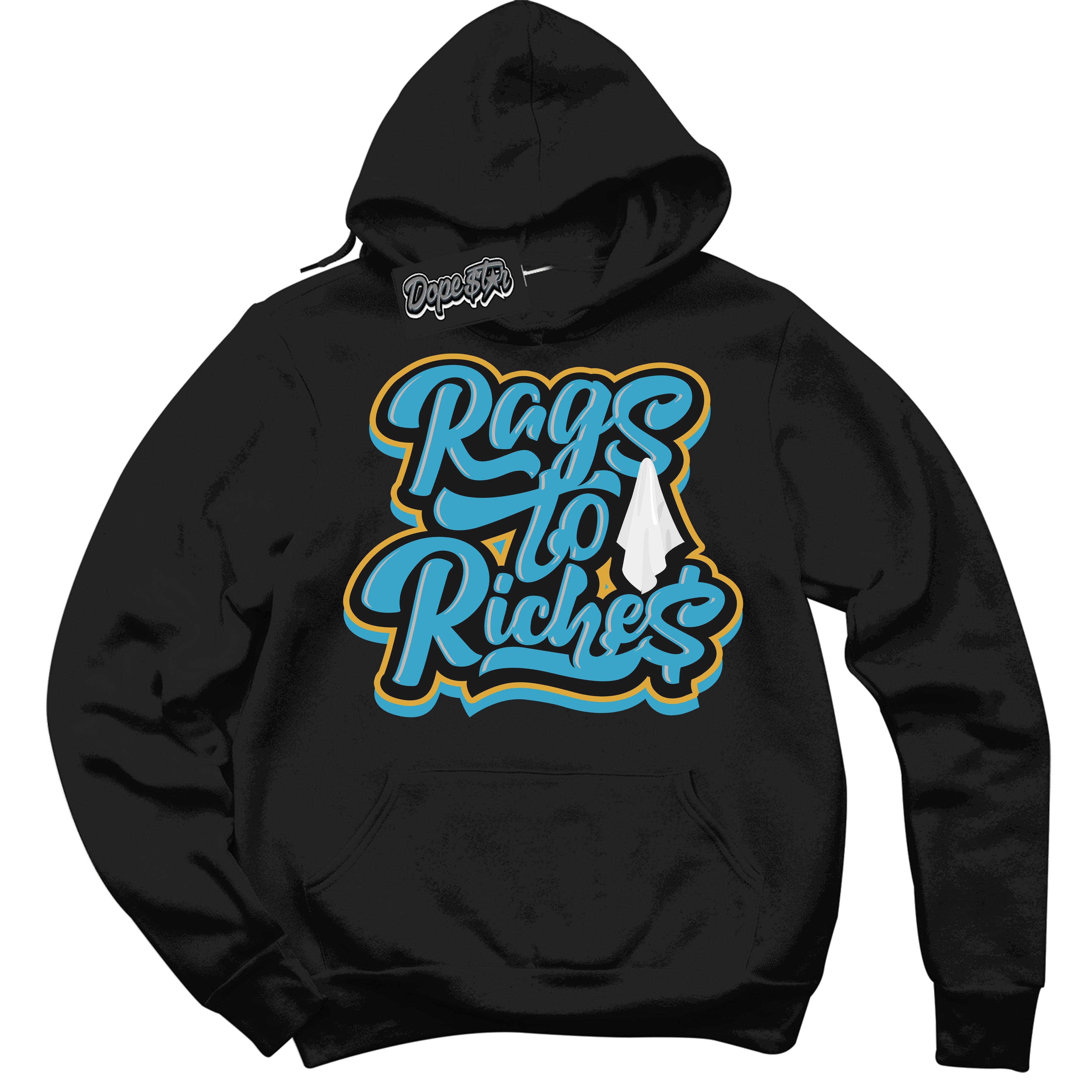 Cool Black Hoodie with “ Rags To Riches ”  design that Perfectly Matches Aqua 5s Sneakers.