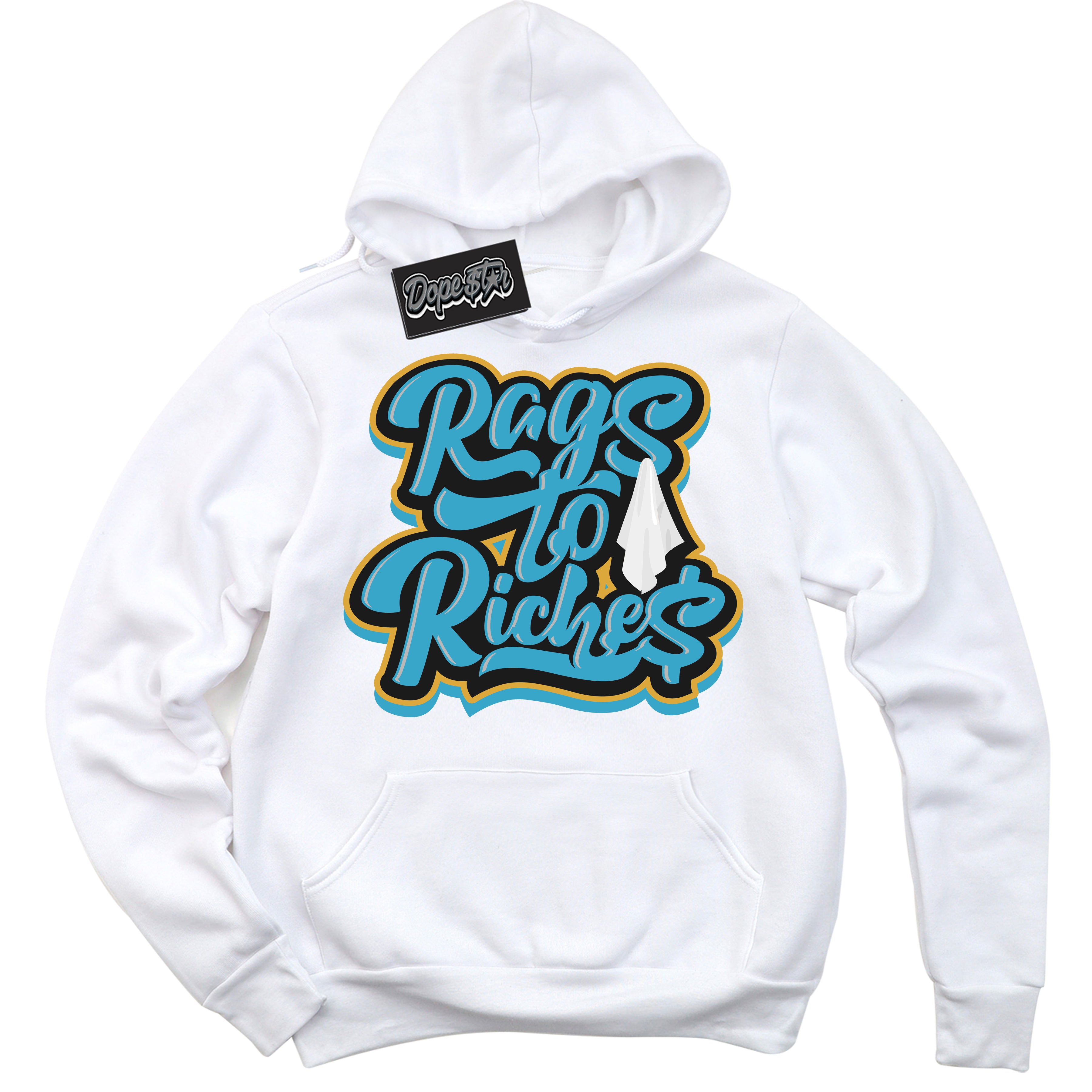 Cool White Hoodie with “ Rags To Riches ”  design that Perfectly Matches Aqua 5s Sneakers.