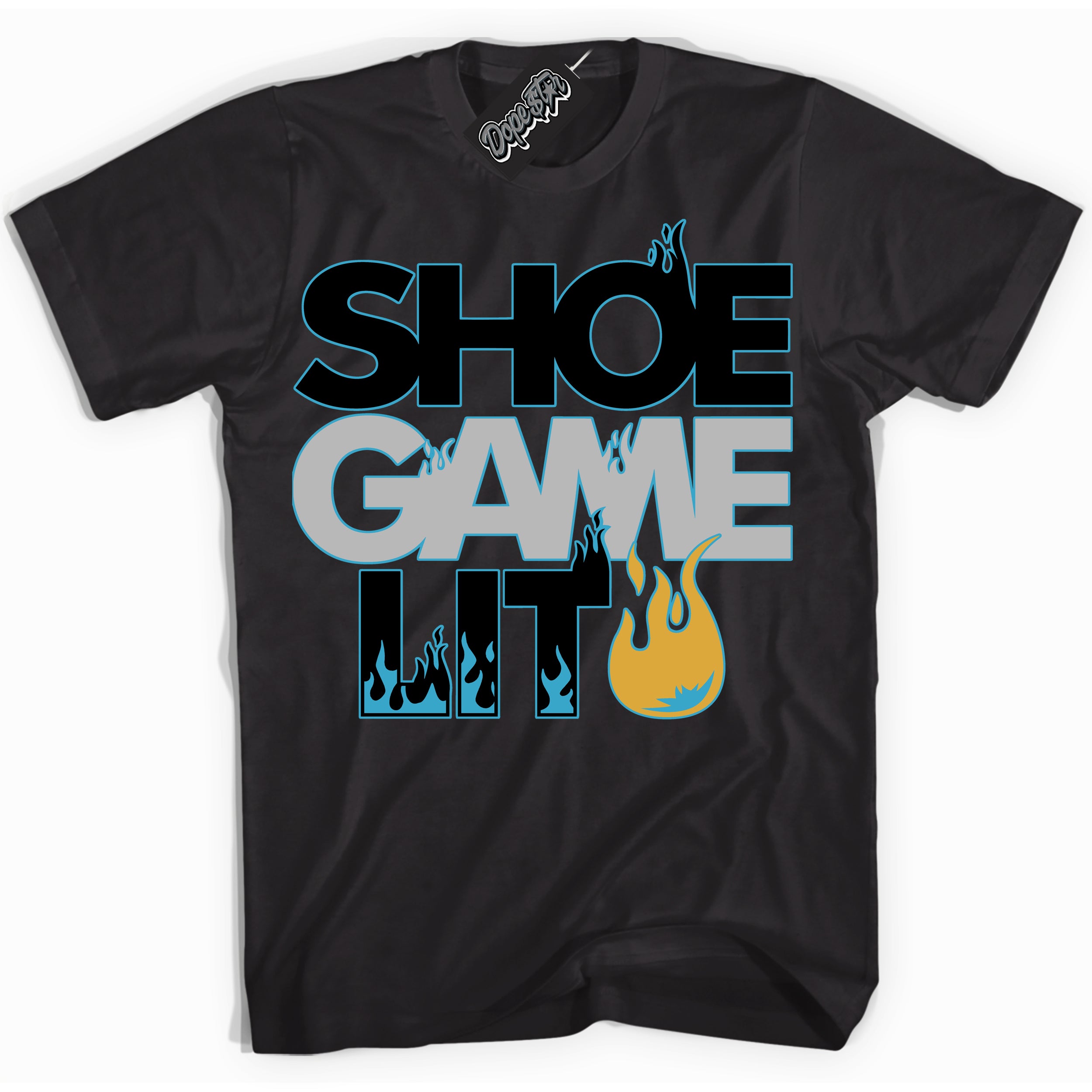 Cool Black Shirt with “ Shoe Game Lit ” design that perfectly matches Aqua 5s Sneakers.