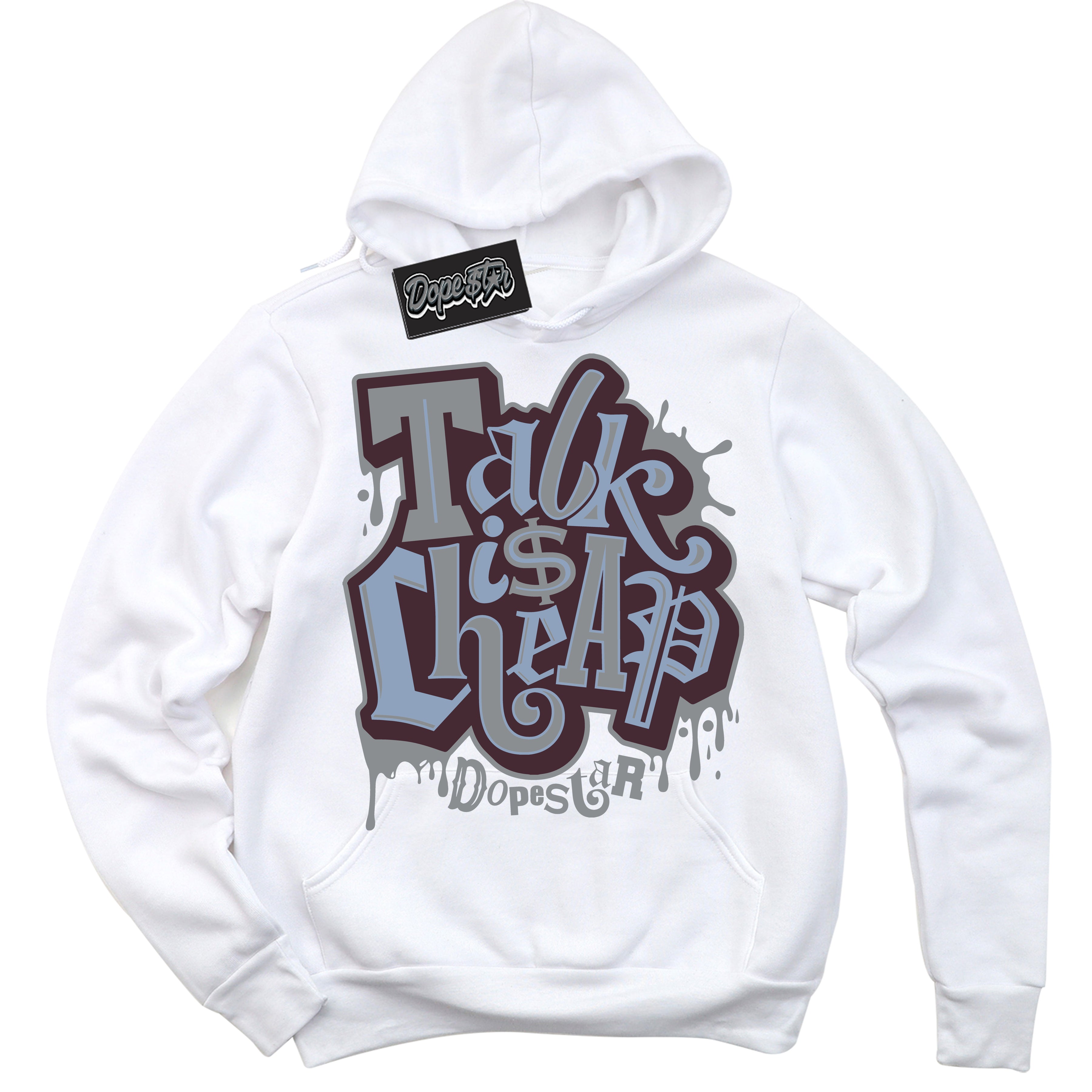 Cool White Hoodie with “ Talk Is Cheap ” design that Perfectly Matches Burgundy 5s Sneakers.