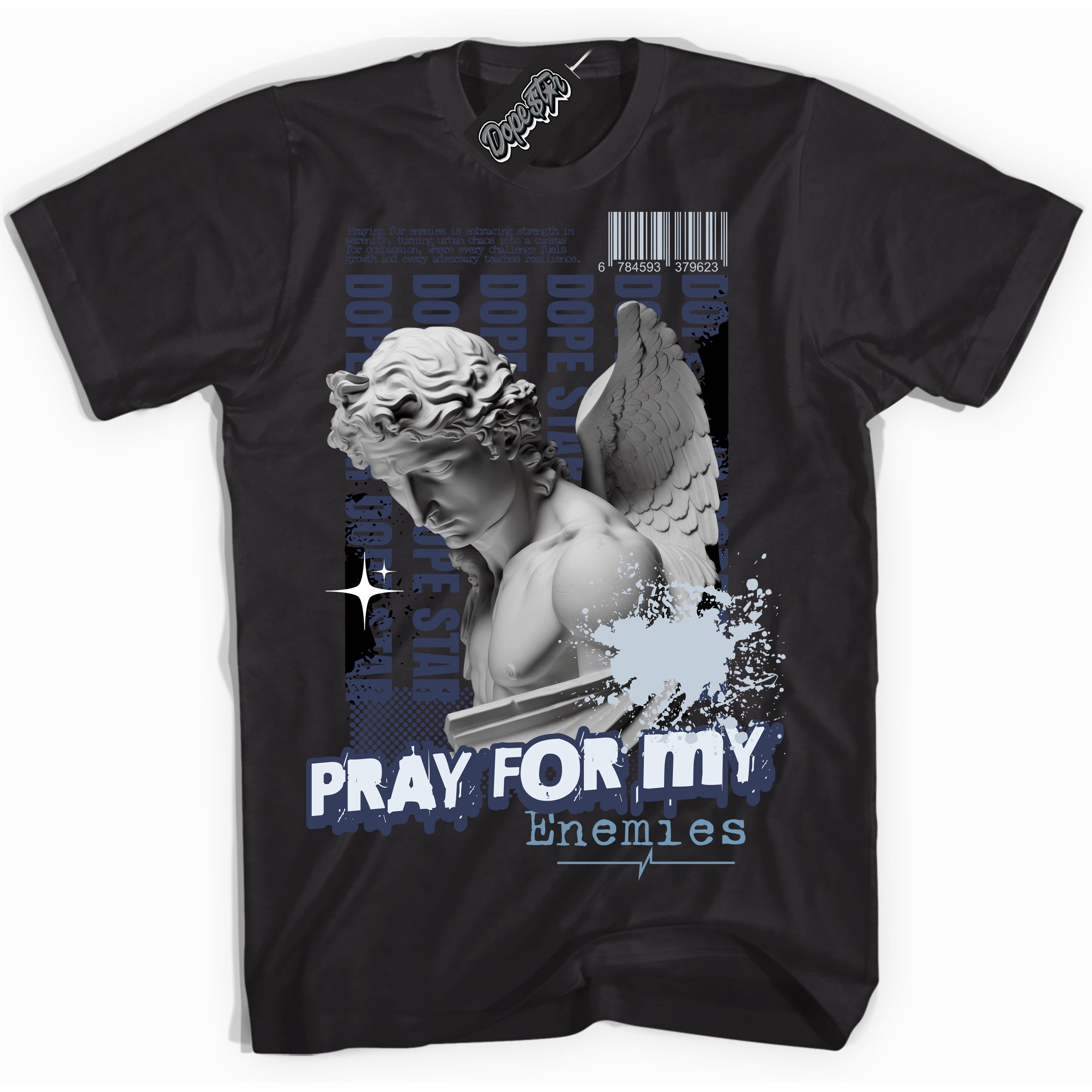 Cool Black Shirt with “ Pray Enemies” design that perfectly matches Midnight Navy 5s Sneakers.