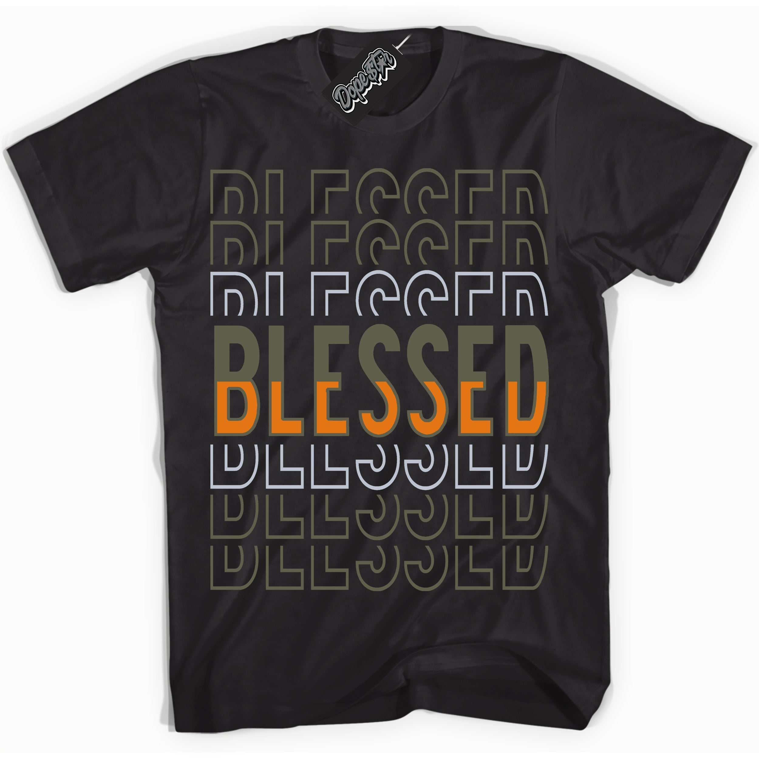 Cool Black Shirt with “ Blessed Stacked” design that perfectly matches Olive 5s Sneakers.