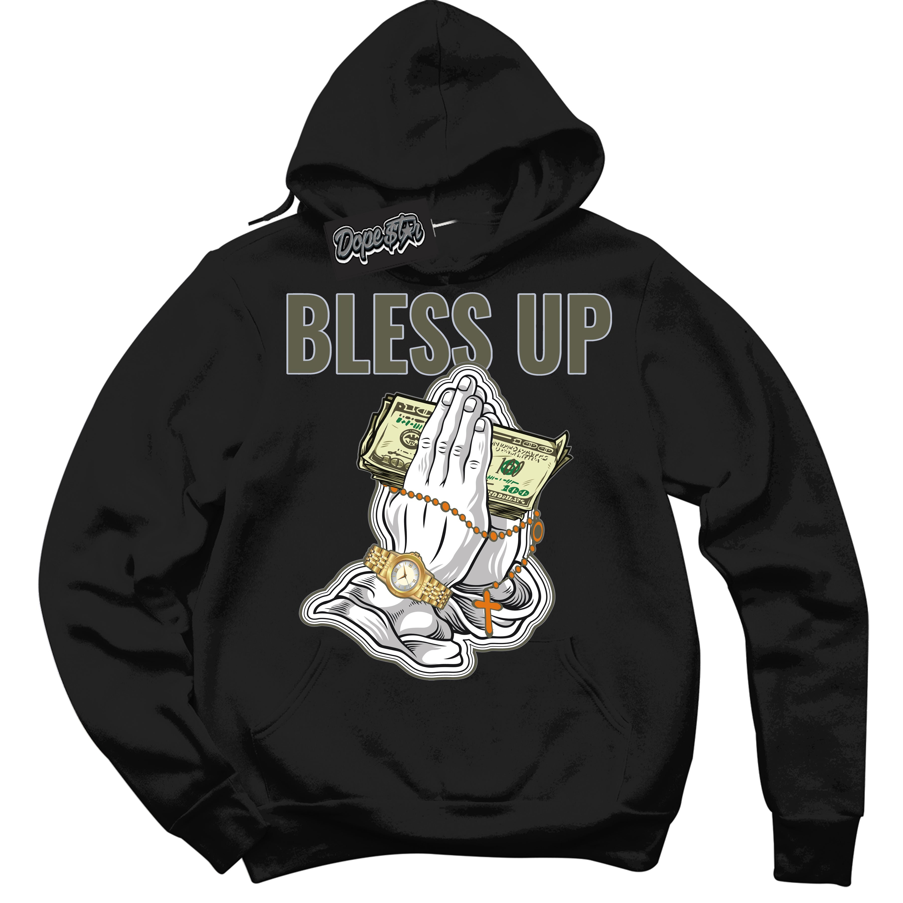 Cool Black Hoodie with “ Bless Up ”  design that Perfectly Matches Olive 5s Sneakers.
