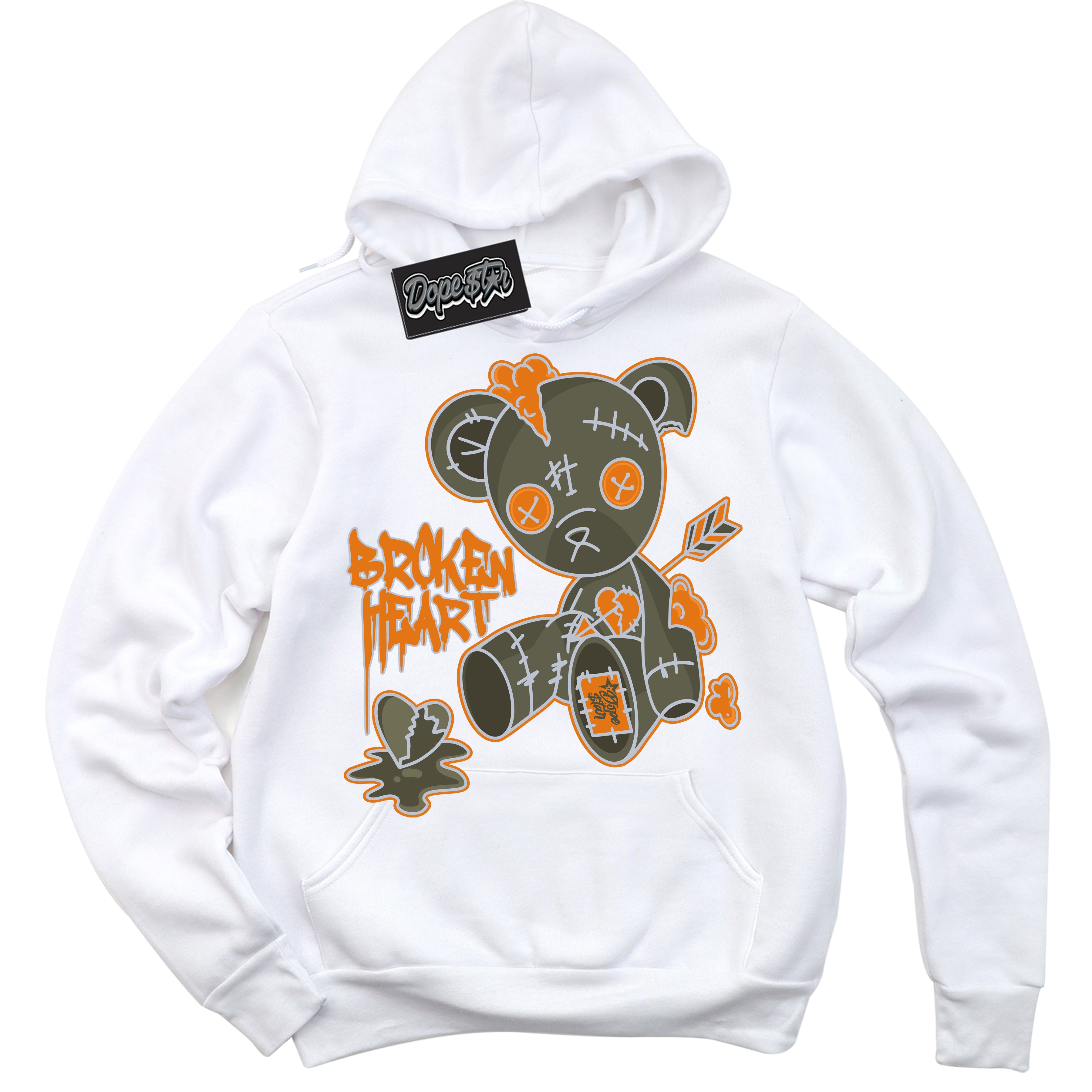 Cool White Hoodie with “ Broken Heart Bear ”  design that Perfectly Matches Olive 5s Sneakers.