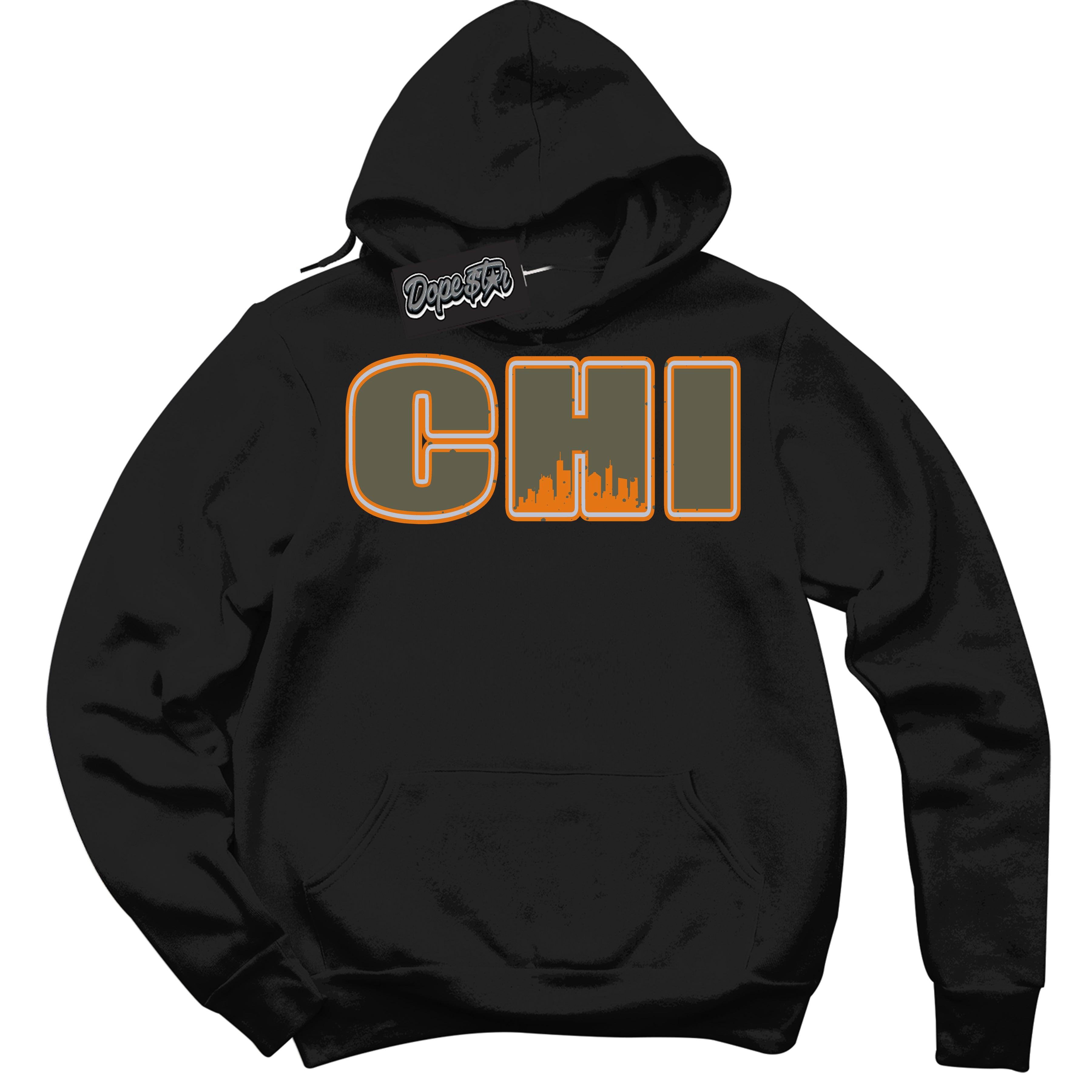 Cool Black Hoodie with “ Chicago ” design that Perfectly Matches Olive 5s Sneakers.