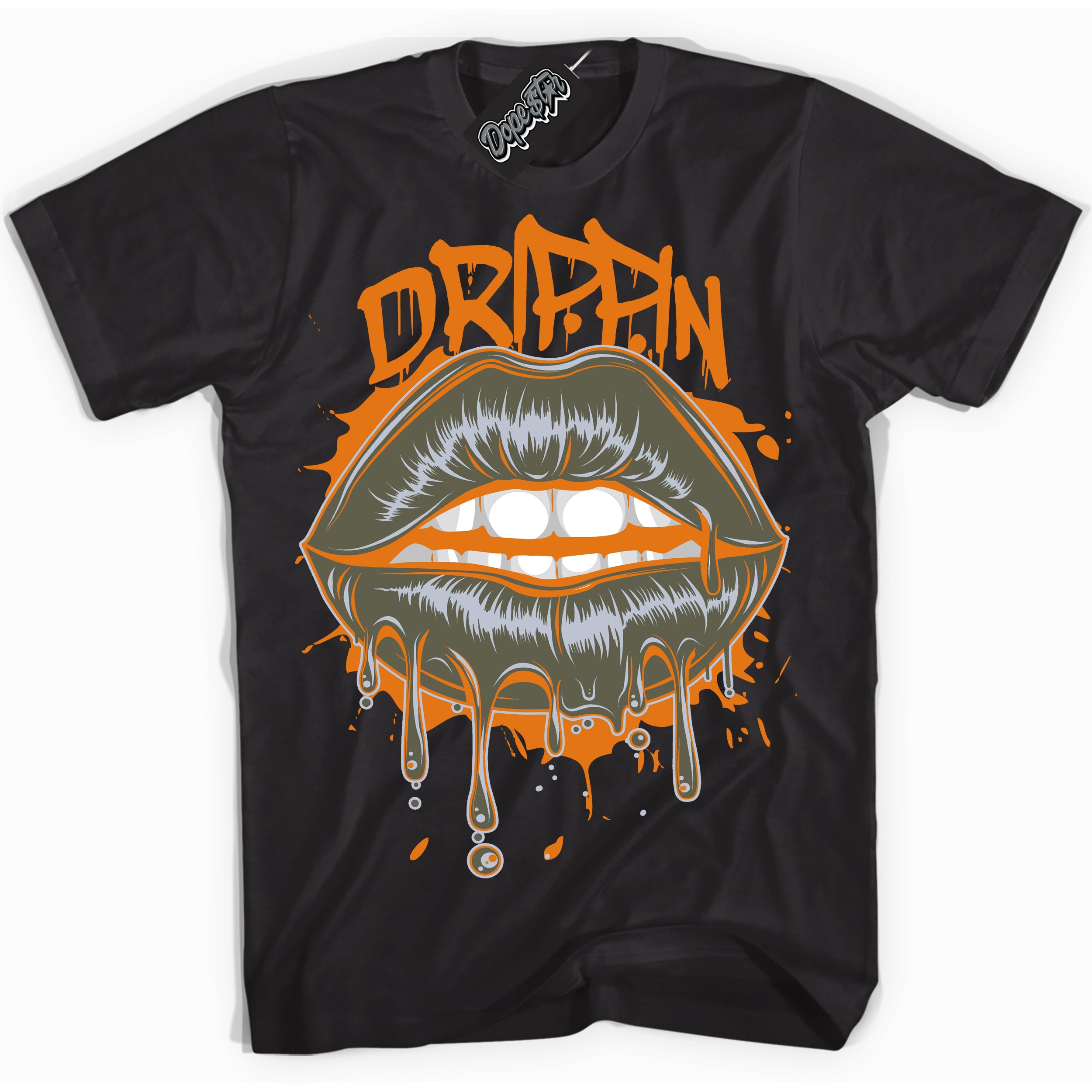 Cool Black Shirt with “ Drippin” design that perfectly matches Olive 5s Sneakers.