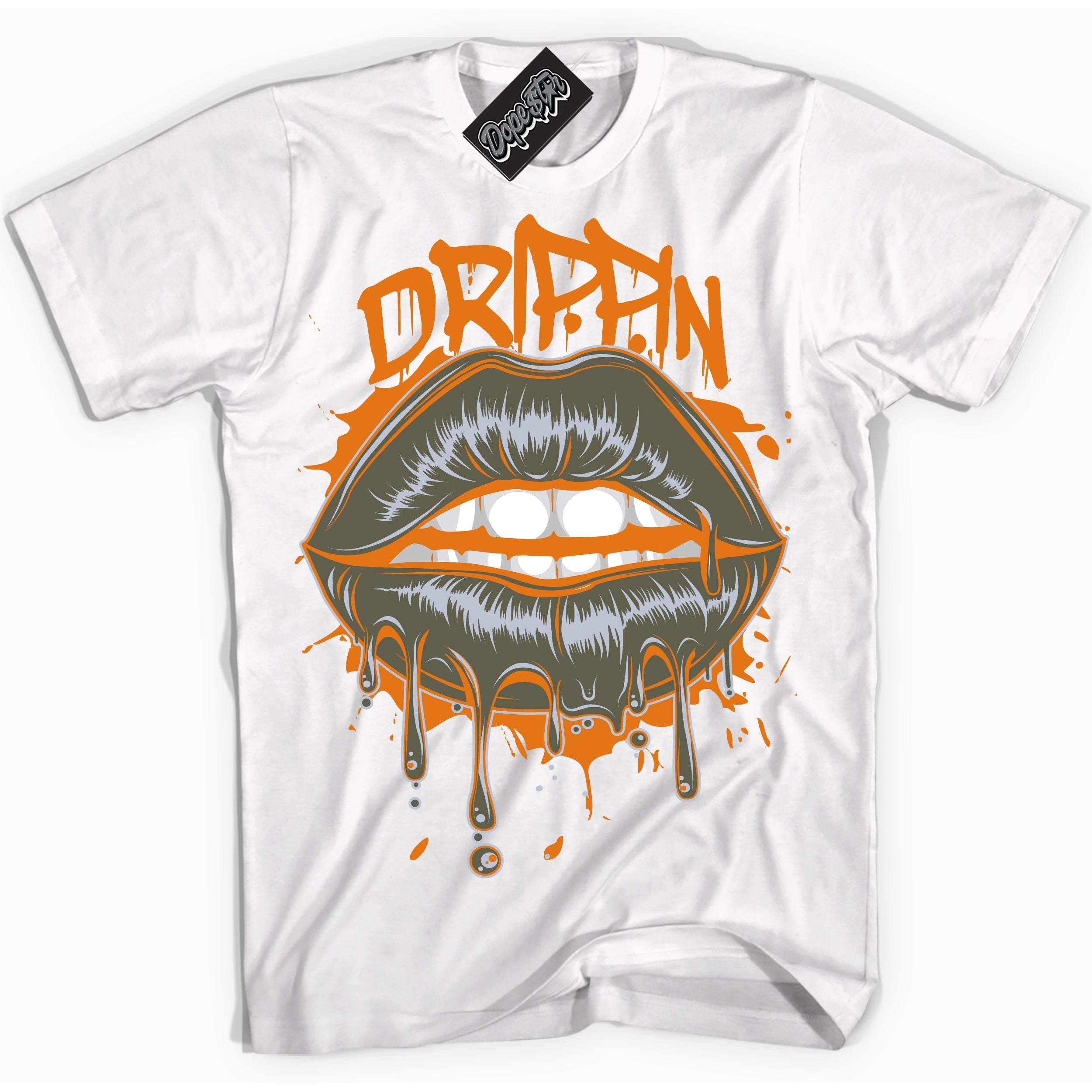 Cool White Shirt with “ Drippin” design that perfectly matches Olive 5s Sneakers.