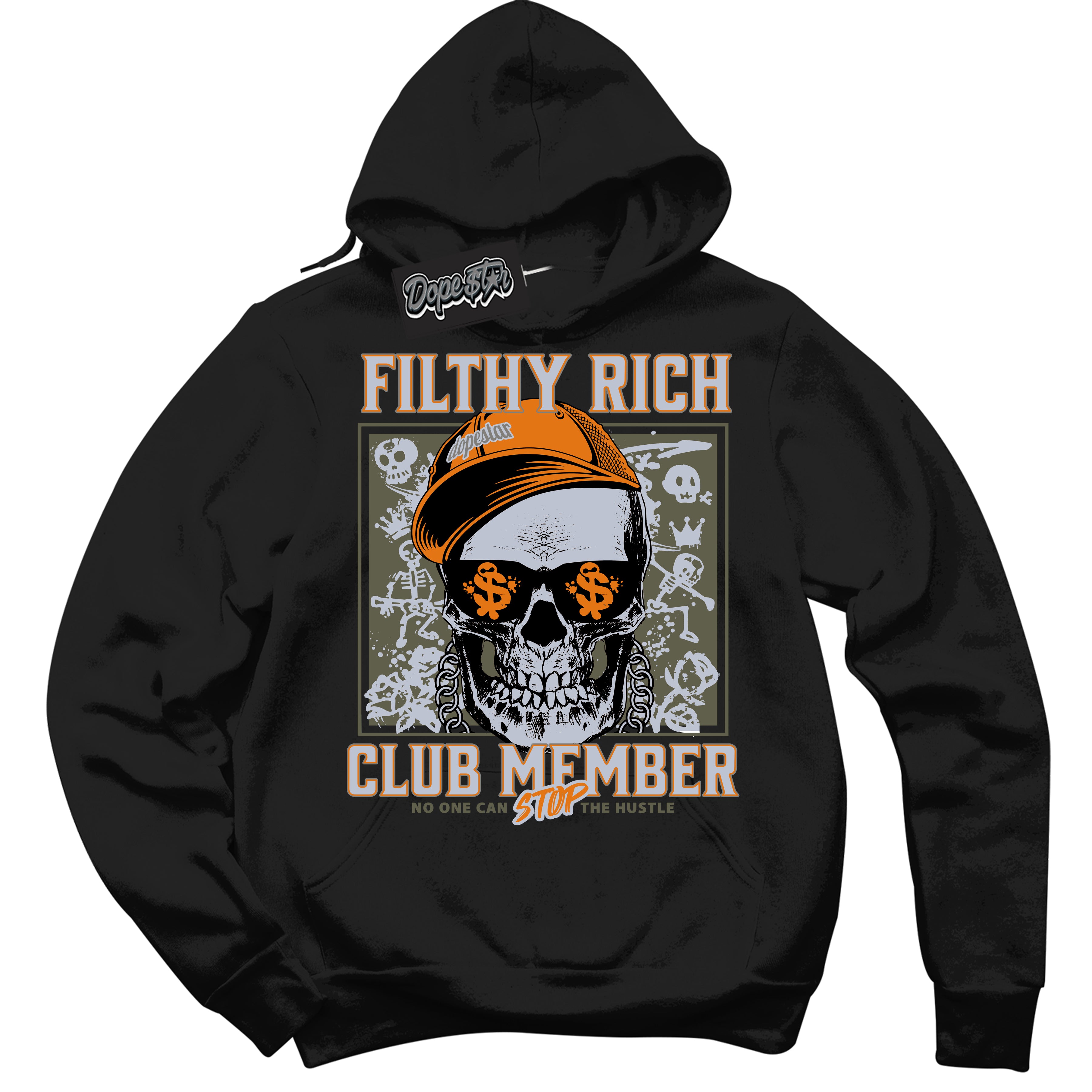 Cool Black Hoodie with “ Filthy Rich ”  design that Perfectly Matches Olive 5s Sneakers.
