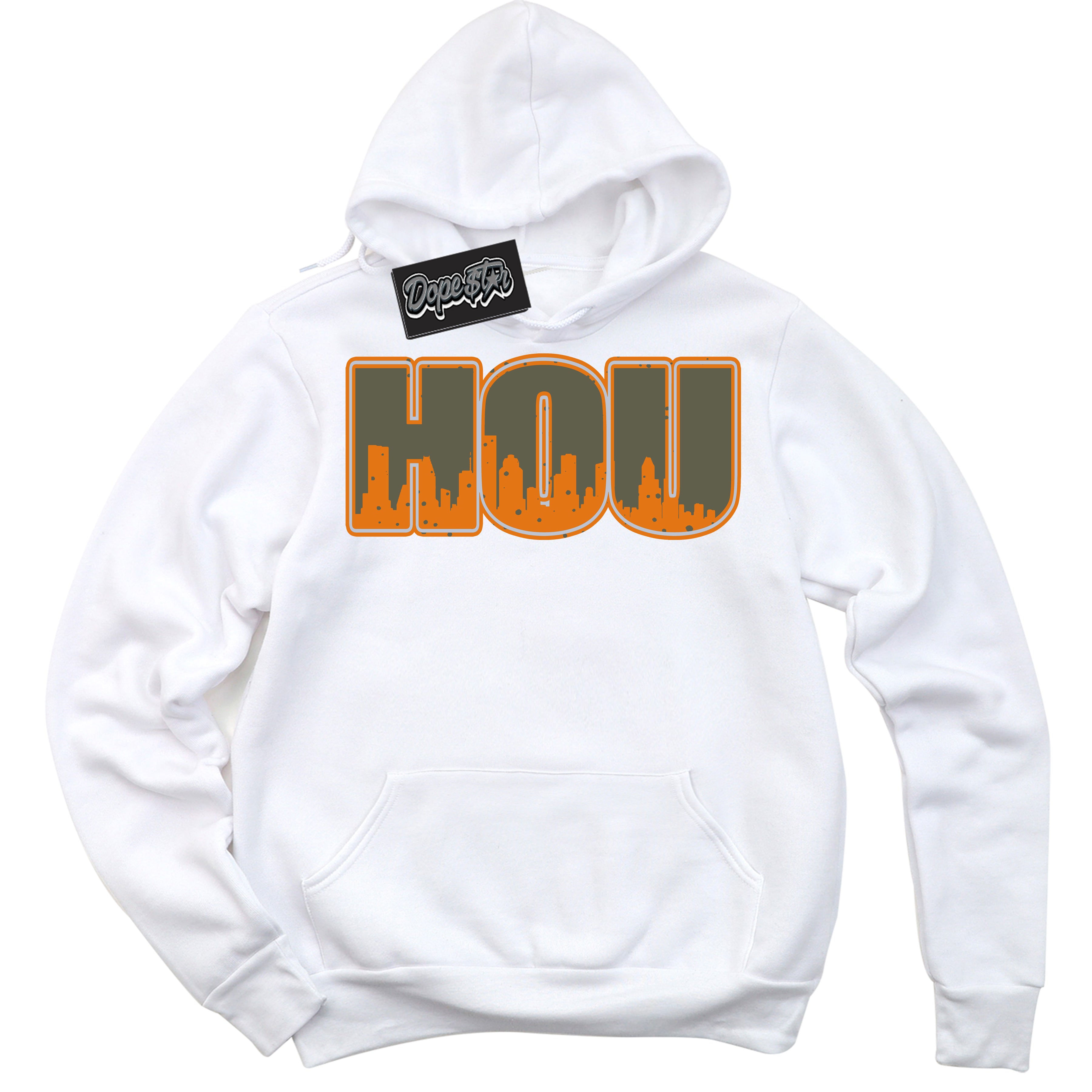 Cool White Hoodie with “ Houston ” design that Perfectly Matches Olive 5s Sneakers.