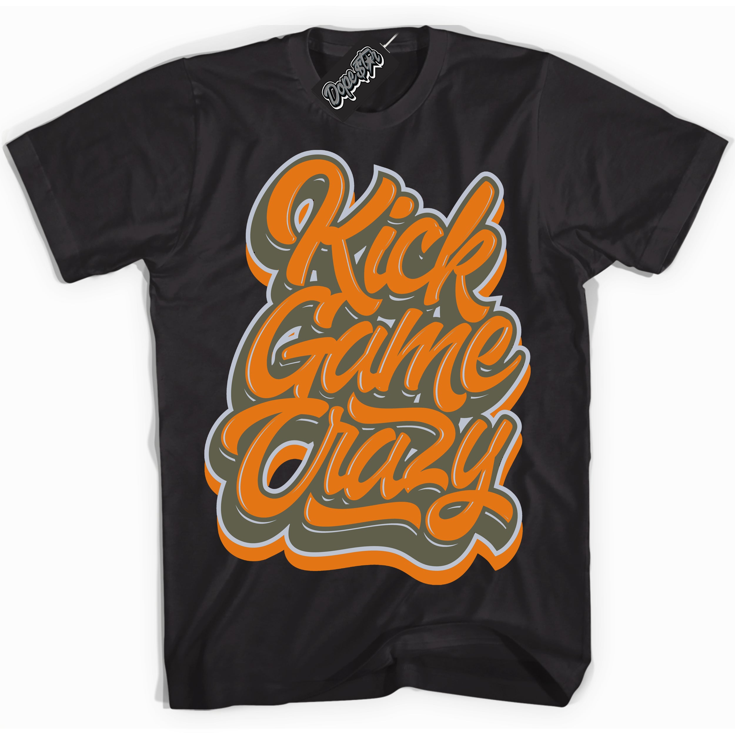 Cool Black Shirt with “ Kick Game Crazy” design that perfectly matches Olive 5s Sneakers.