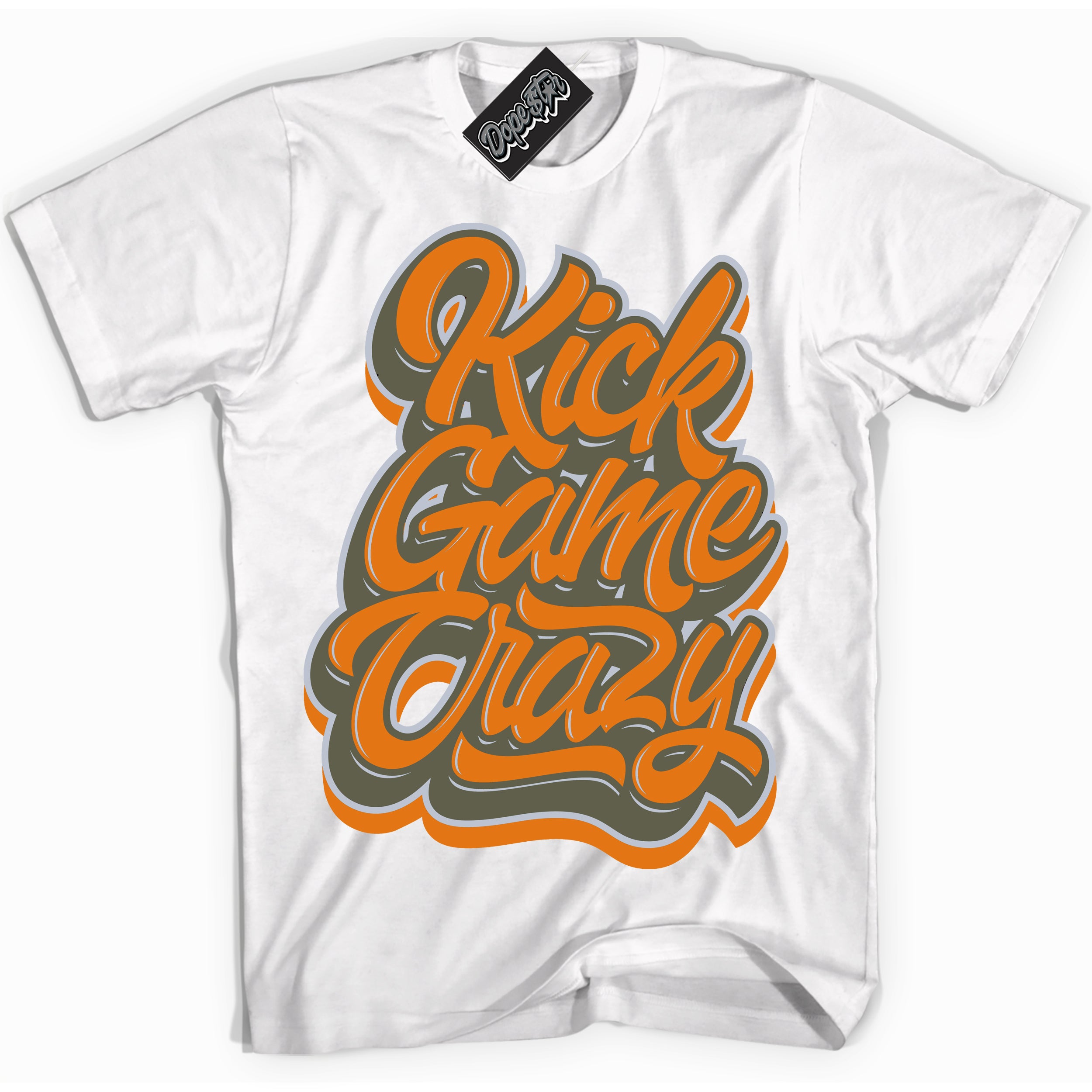 Cool White Shirt with “ Kick Game Crazy” design that perfectly matches Olive 5s Sneakers.
