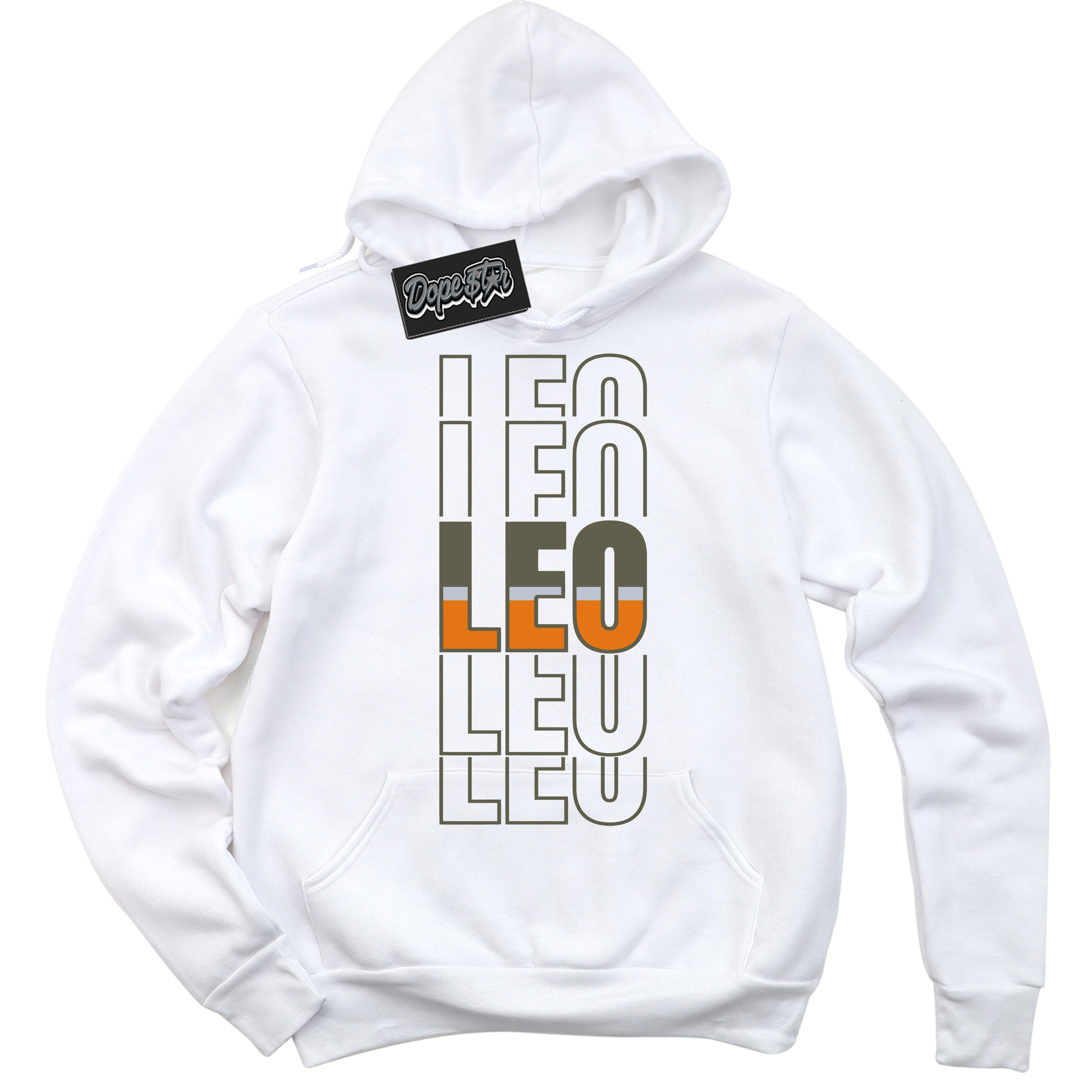 Cool White Hoodie with “ Leo ”  design that Perfectly Matches Olive 5s Sneakers.