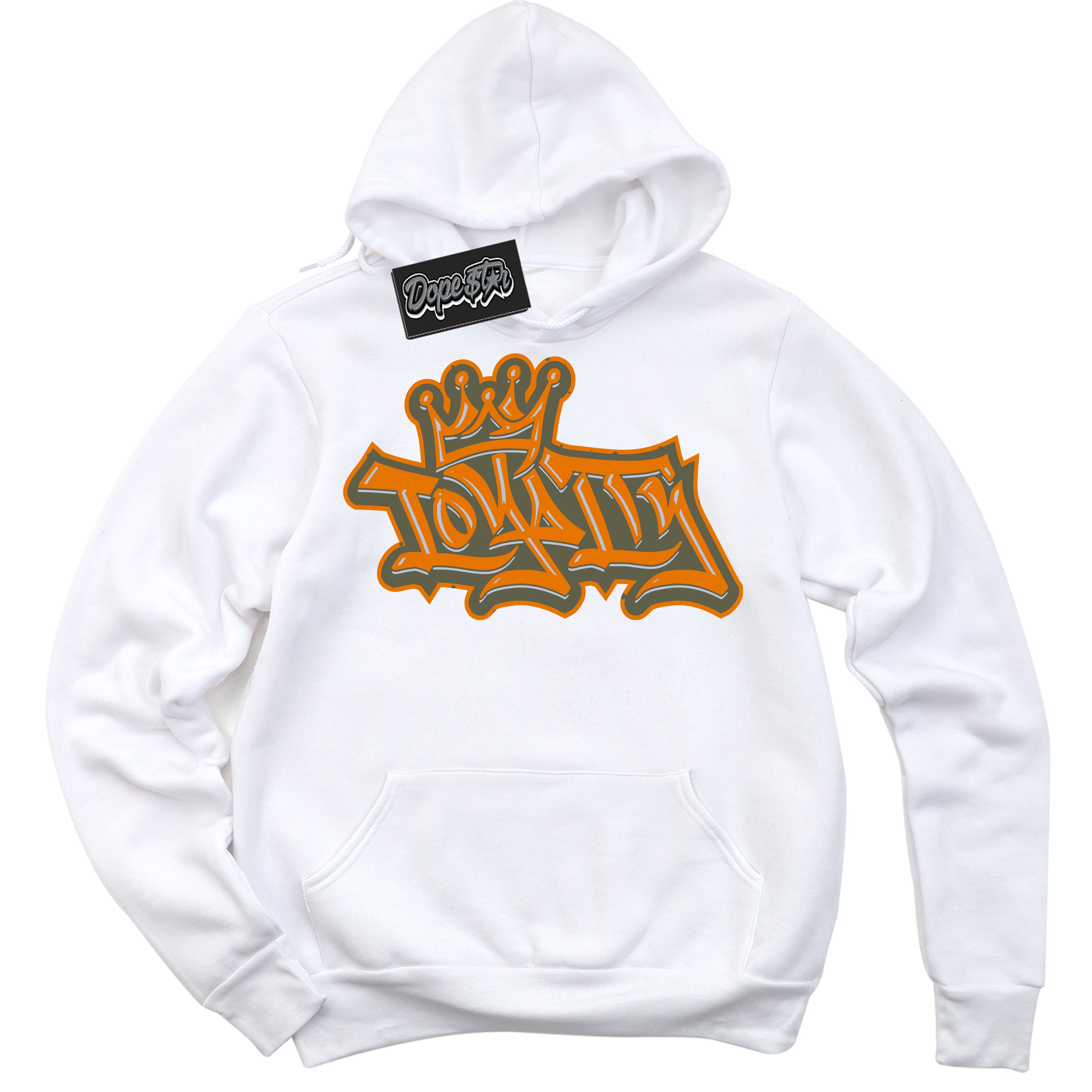 Cool White Hoodie with “ Loyalty Crown ”  design that Perfectly Matches Olive 5s Sneakers.