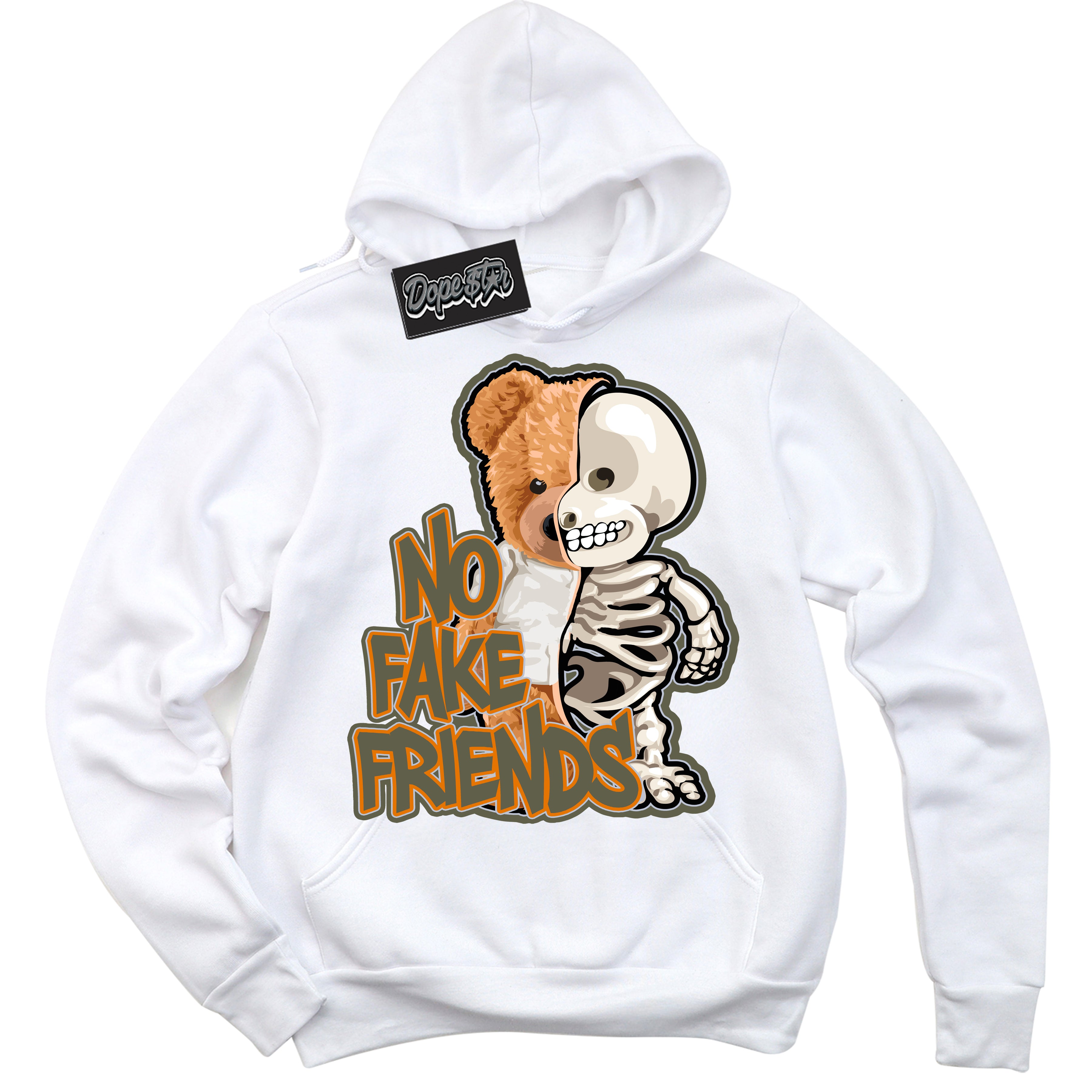 Cool White Hoodie with “ No Fake Friends ”  design that Perfectly Matches Olive 5s Sneakers.