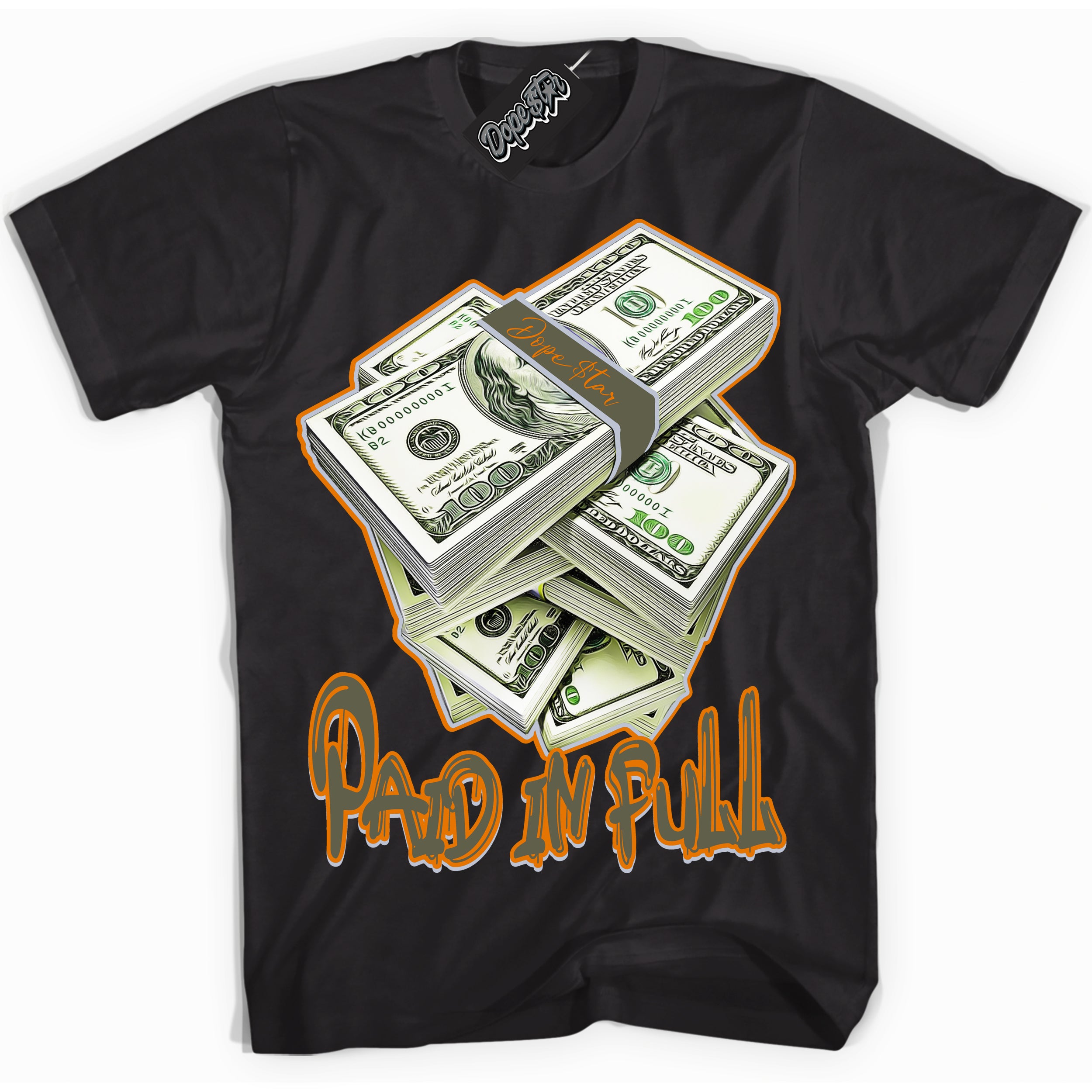 Cool Black Shirt with “ Paid In Full” design that perfectly matches Olive 5s Sneakers.