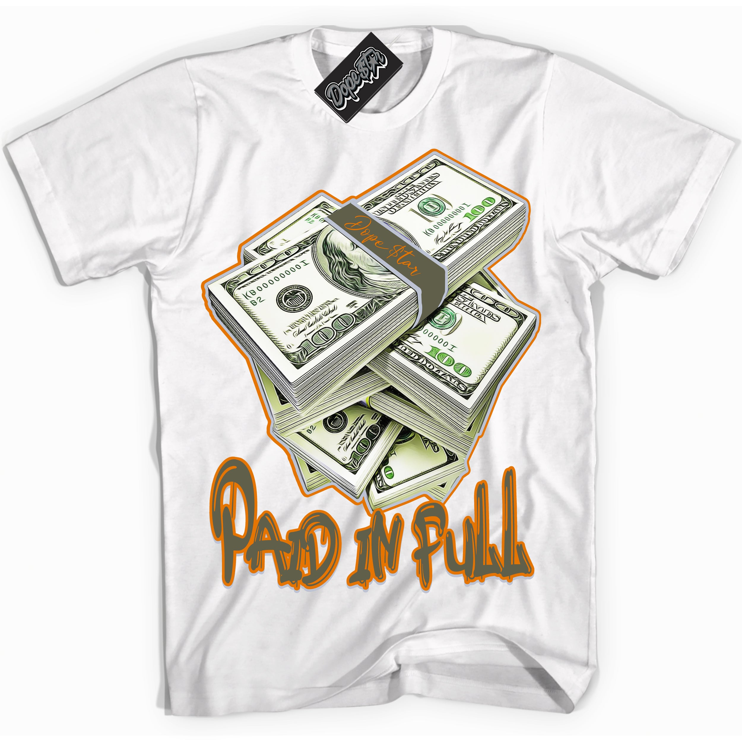 Cool White Shirt with “ Paid In Full” design that perfectly matches Olive 5s Sneakers.