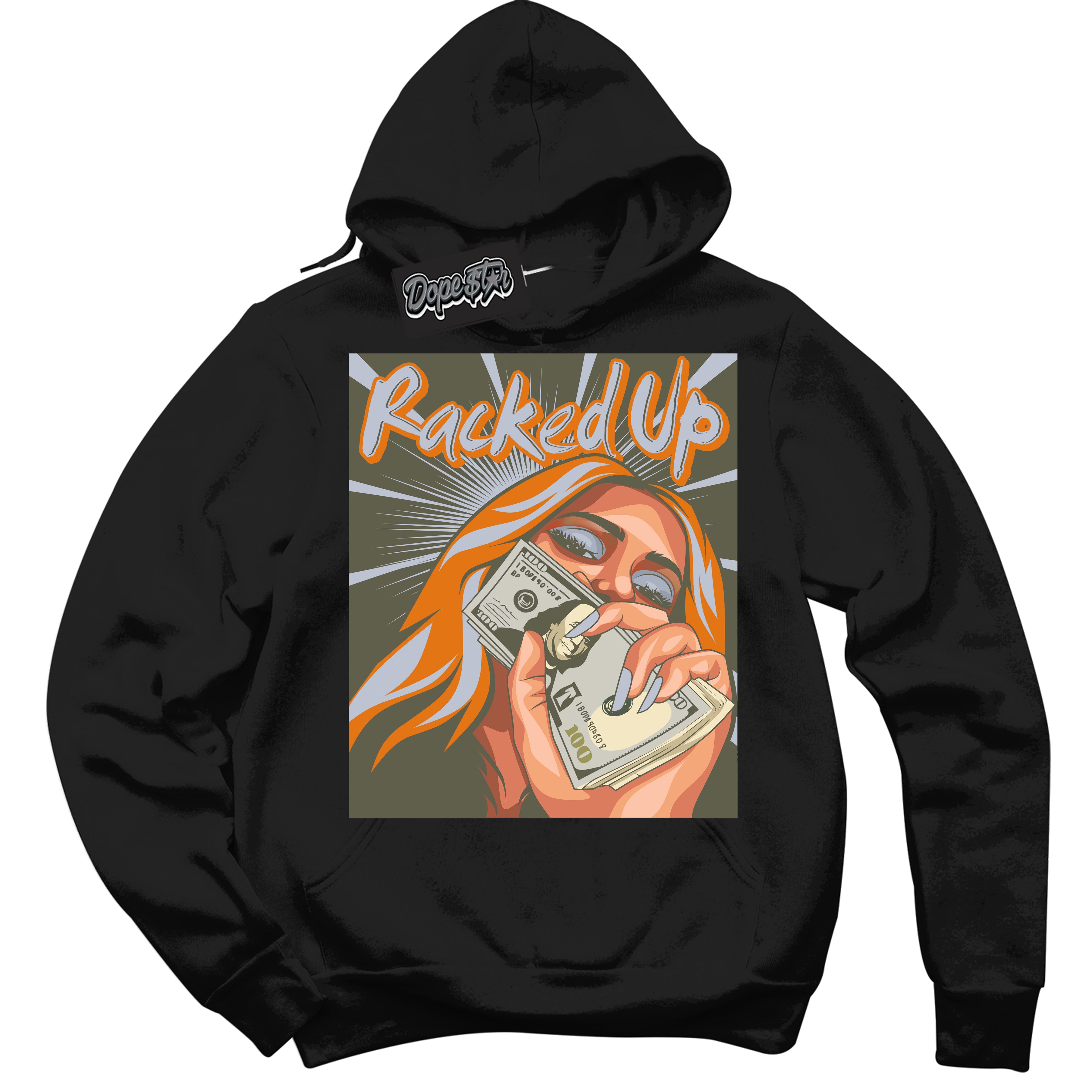 Cool Black Hoodie with “ Racked Up ”  design that Perfectly Matches Olive 5s Sneakers.