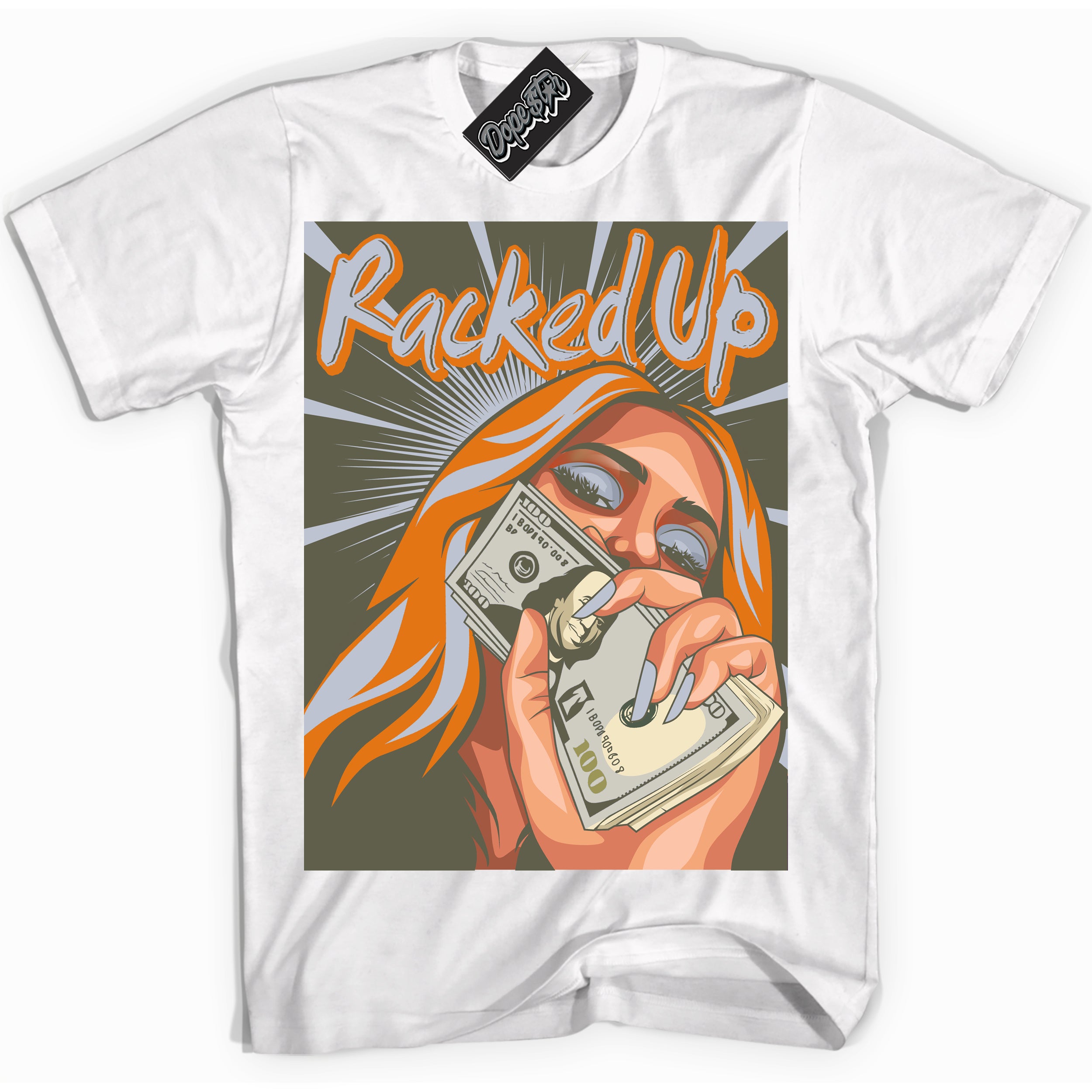 Cool White Shirt with “ Racked Up” design that perfectly matches Olive 5s Sneakers.