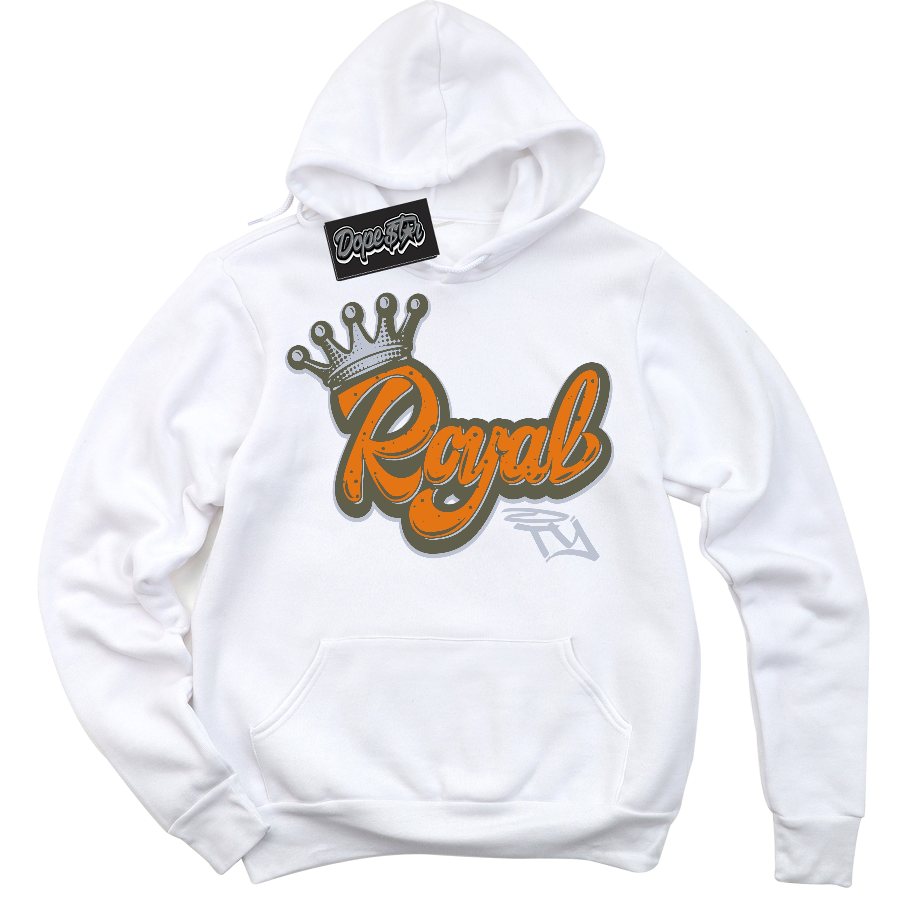 Cool White Hoodie with “ Royalty ”  design that Perfectly Matches Olive 5s Sneakers.