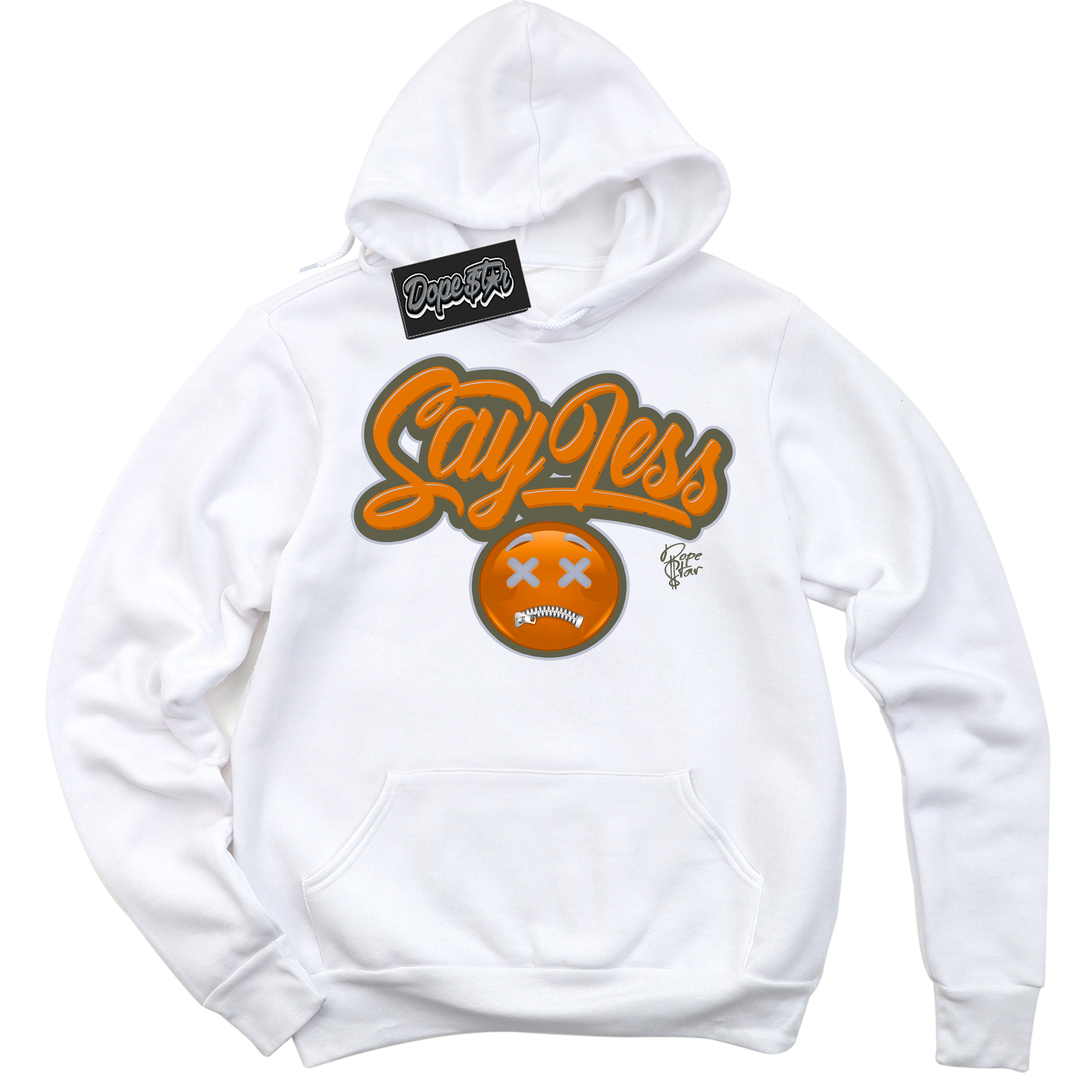Cool White Hoodie with “ Say Less ”  design that Perfectly Matches Olive 5s Sneakers.