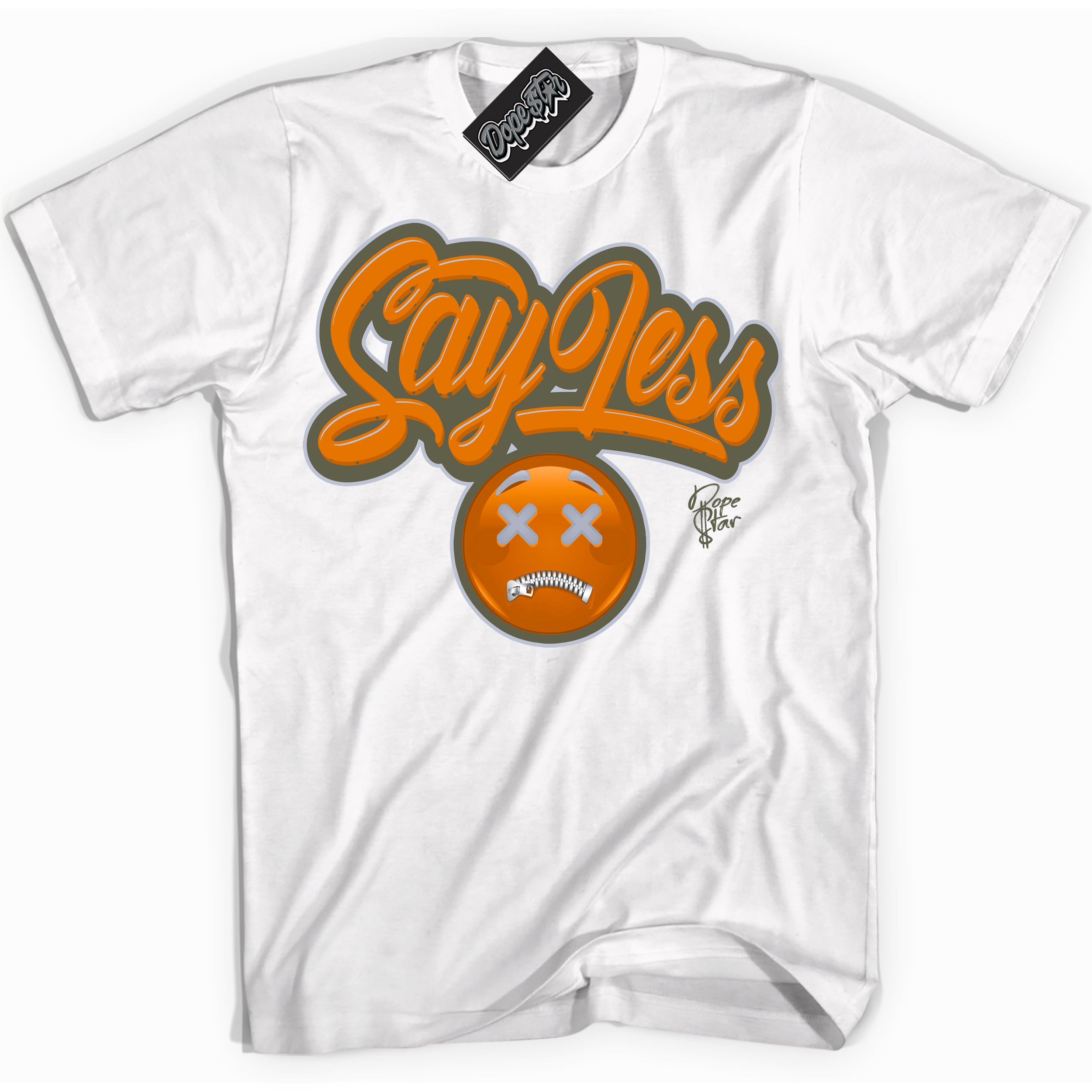 Cool White Shirt with “ Say Less” design that perfectly matches Olive 5s Sneakers.