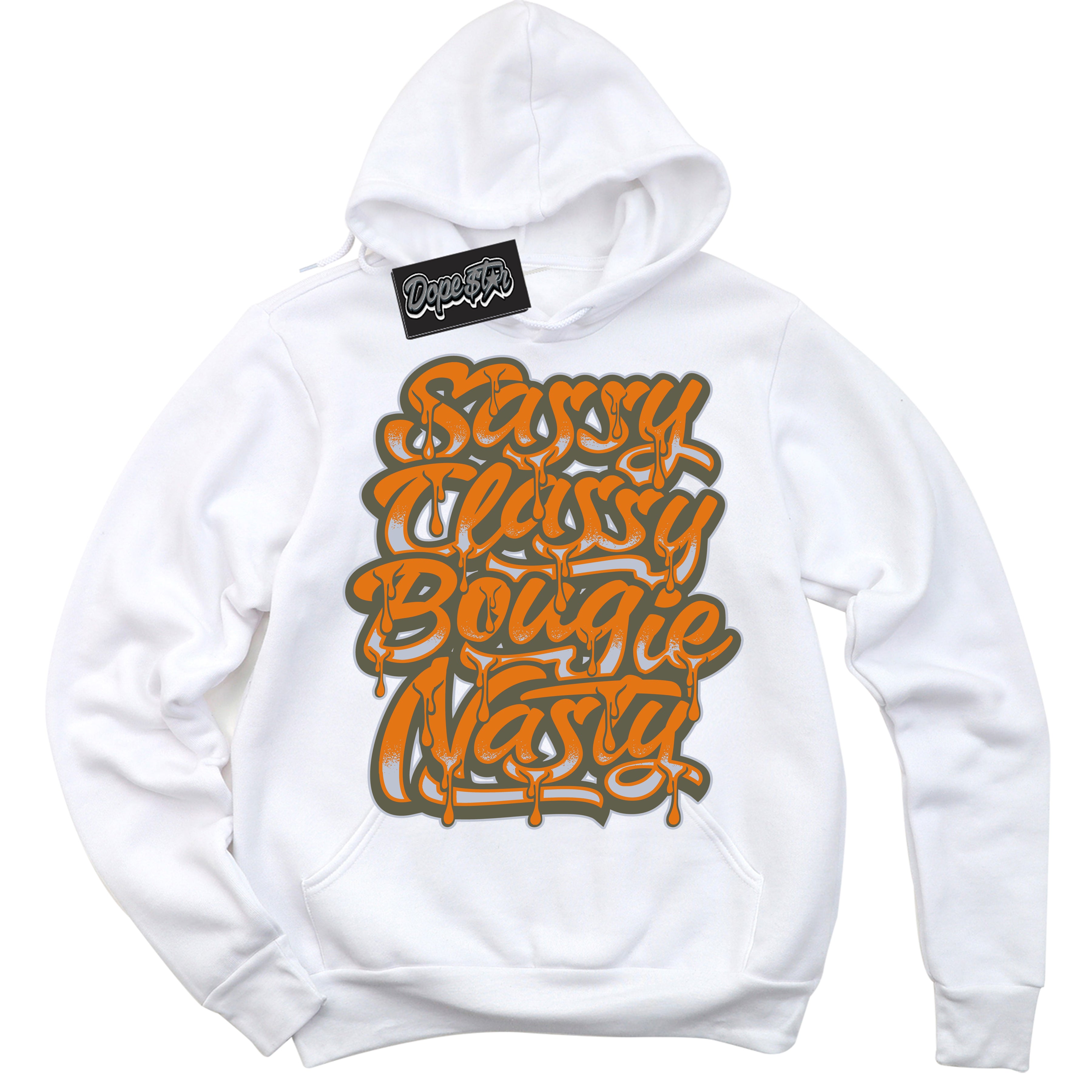 Cool White Hoodie with “ Sassy Classy ”  design that Perfectly Matches Olive 5s Sneakers.