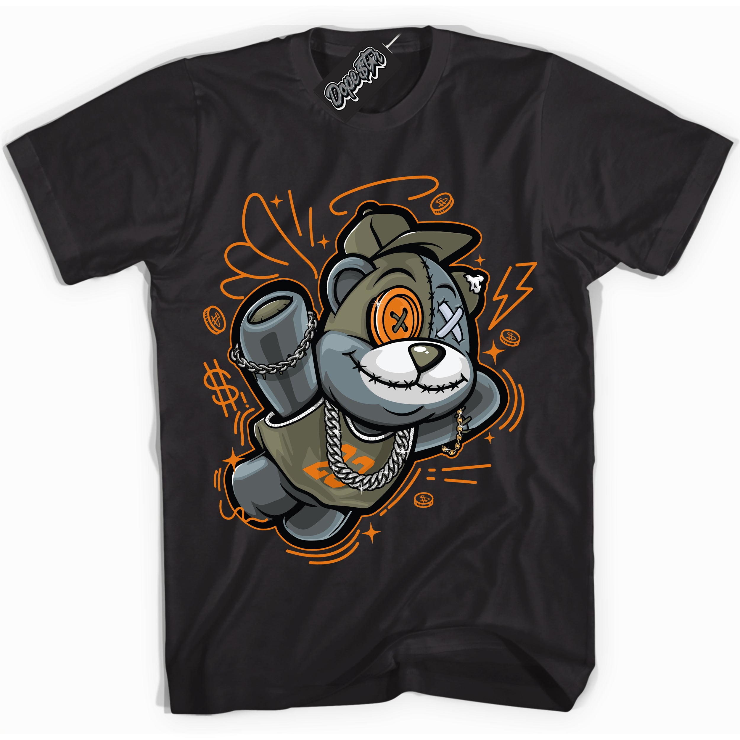 Cool Black Shirt with “ Slam Dunk Bear” design that perfectly matches Olive 5s Sneakers.
