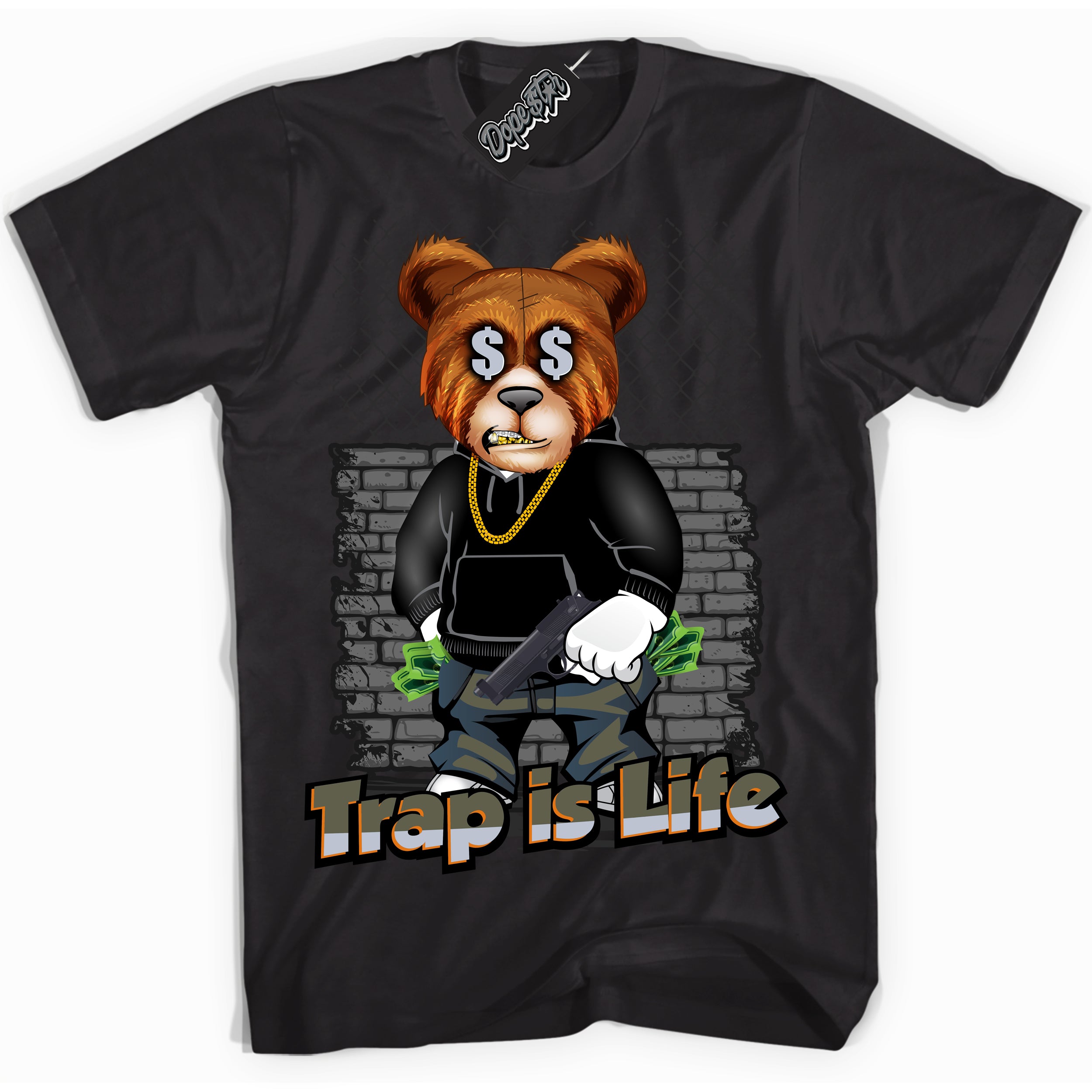 Cool Black Shirt with “ Trap Is Life” design that perfectly matches Olive 5s Sneakers.