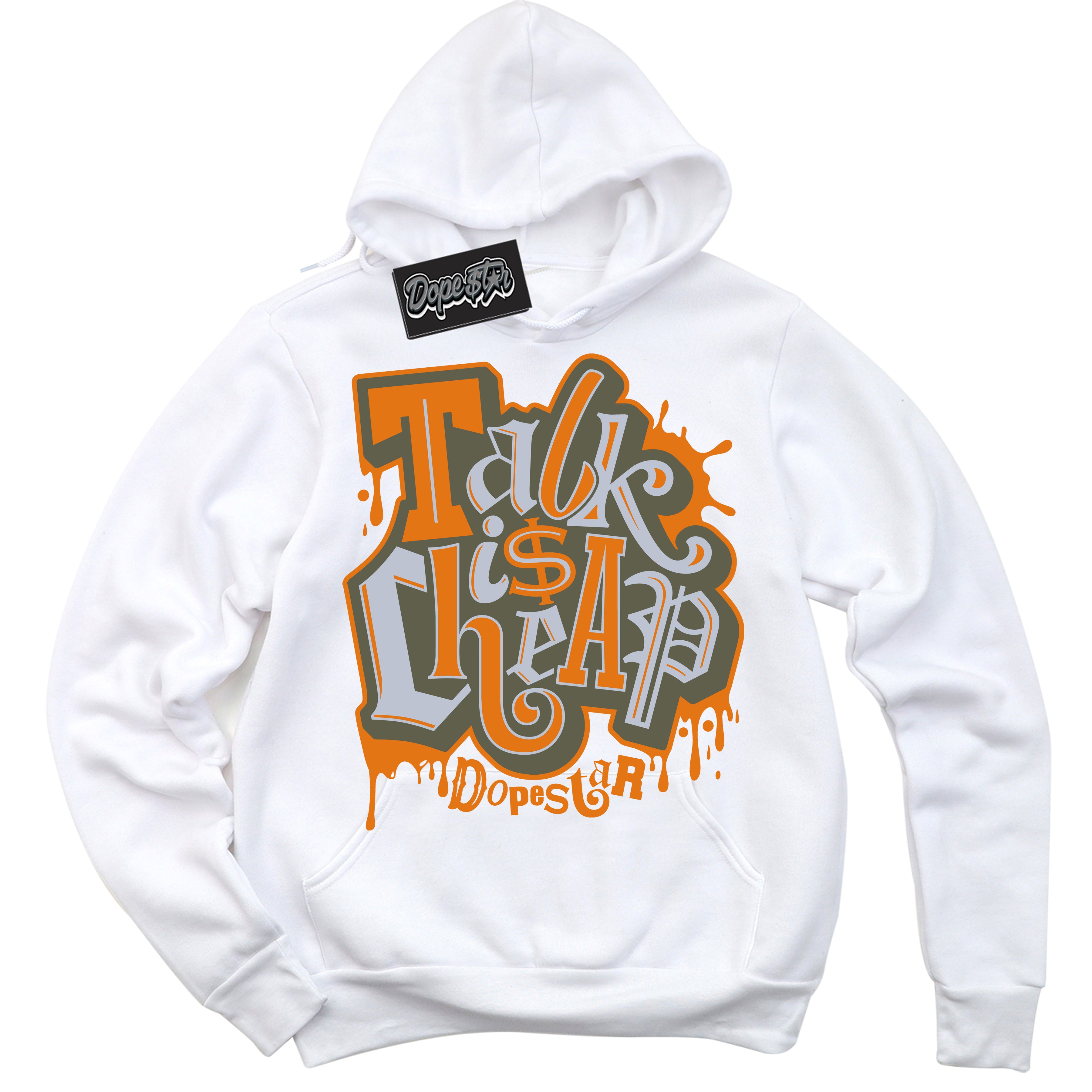 Cool White Hoodie with “ Talk Is Cheap ” design that Perfectly Matches Olive 5s Sneakers.