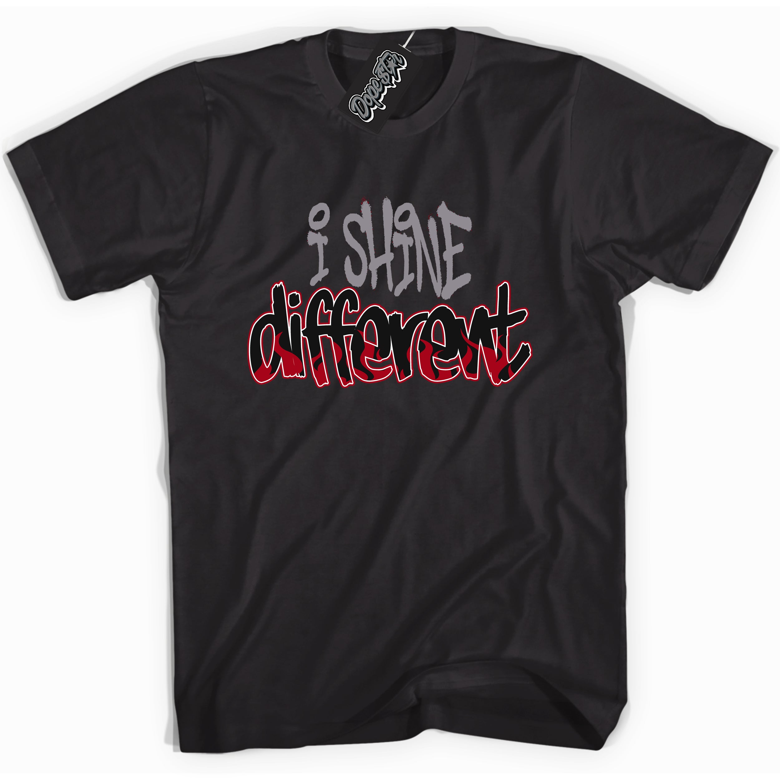 AJ5 Retro OG Black Metallic Reimagined “I Shine Different” black streetwear t-shirt and matching sneaker tee for men and women by Sneaker Shirts Outlet.