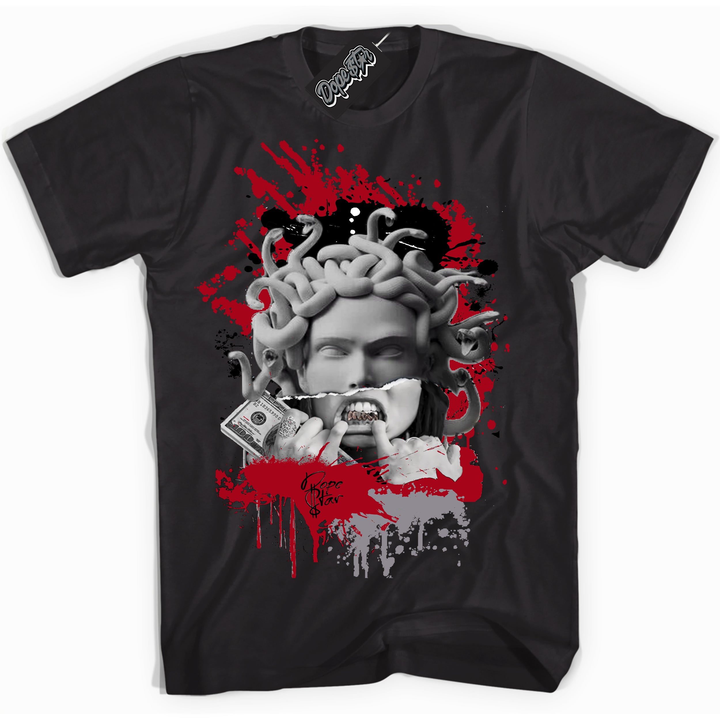 AJ5 Retro OG Black Metallic Reimagined “Medusa” black streetwear t-shirt and matching sneaker tee for men and women by Sneaker Shirts Outlet.