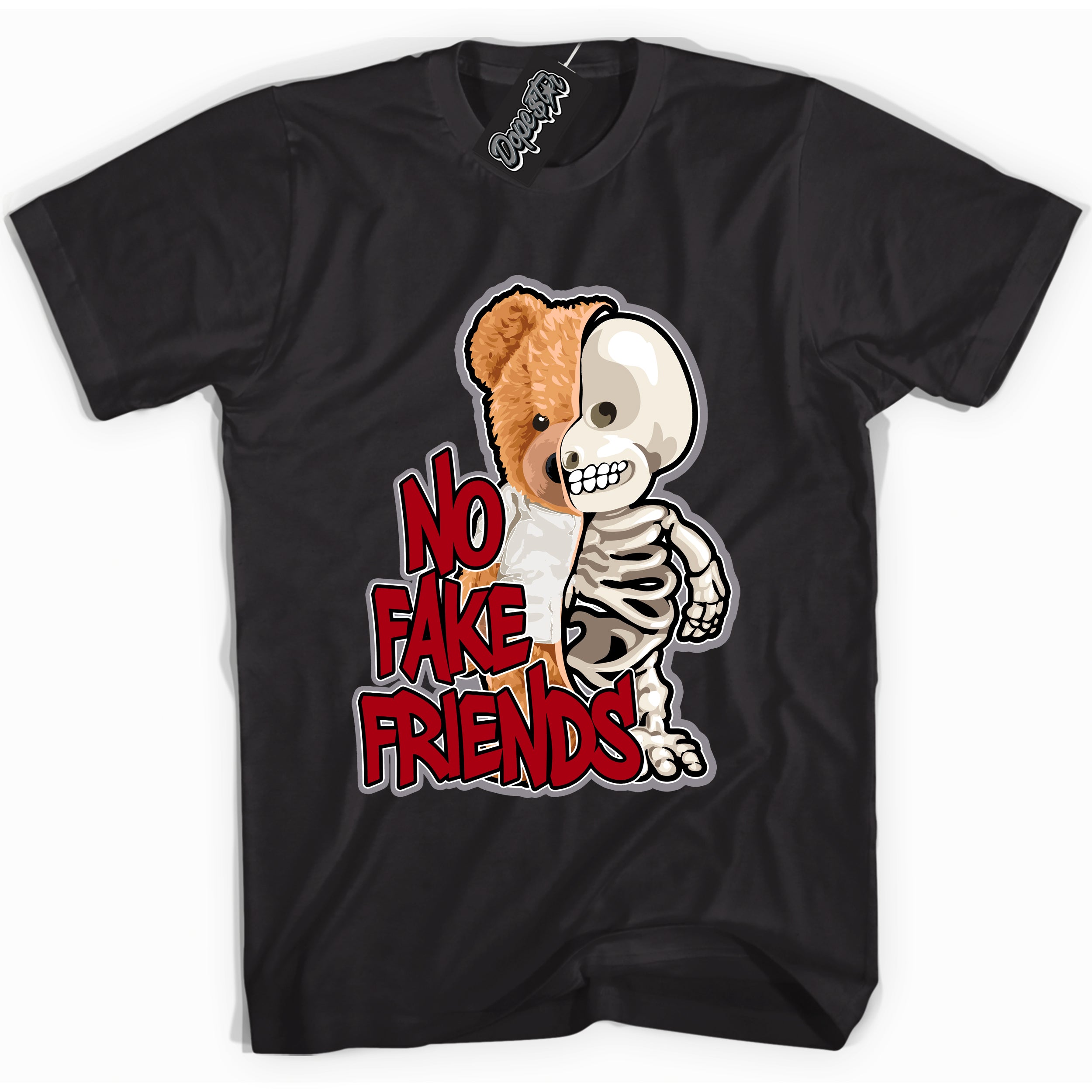 AJ5 Retro OG Black Metallic Reimagined “No Fake Friends” black streetwear t-shirt and matching sneaker tee for men and women by Sneaker Shirts Outlet.