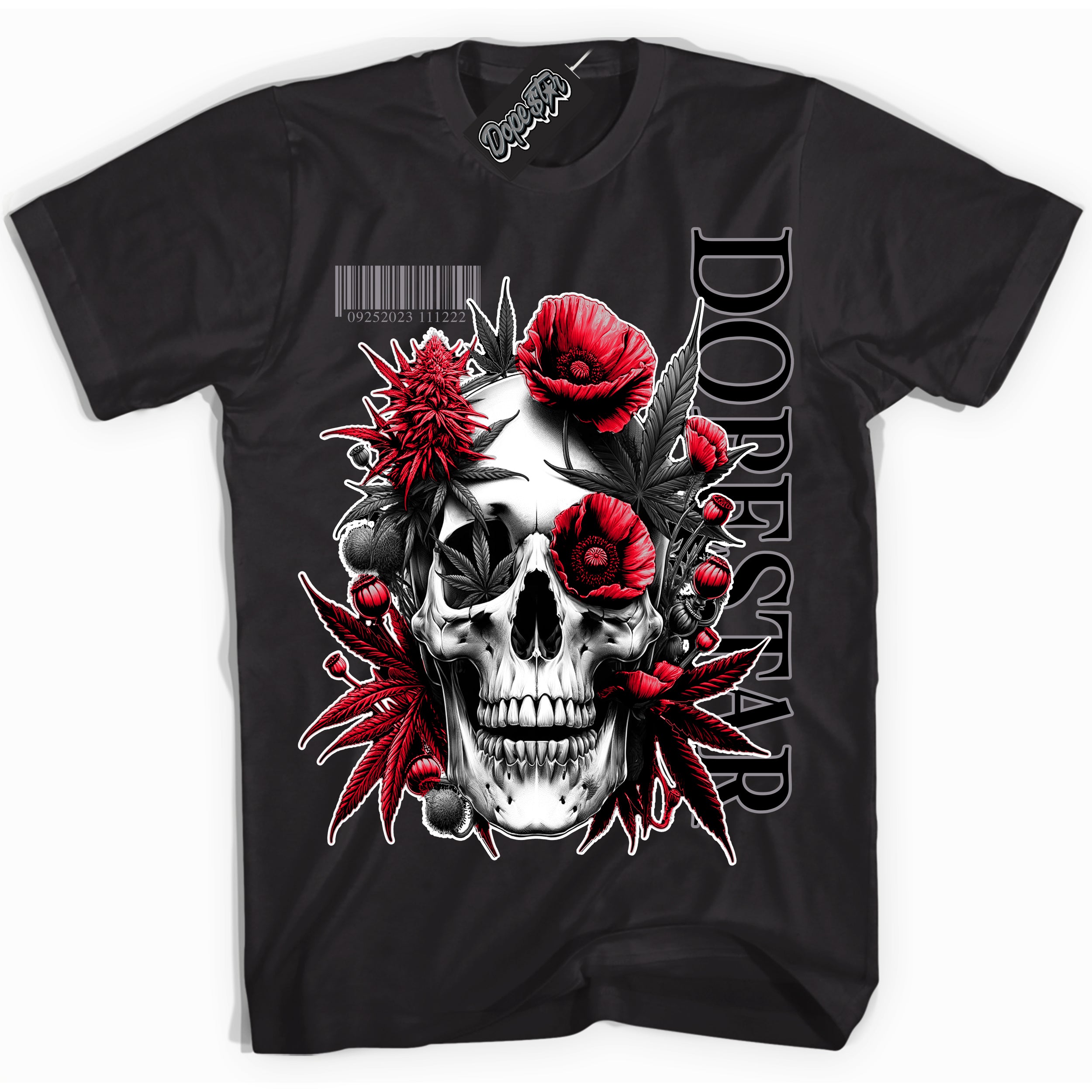 AJ5 Retro OG Black Metallic Reimagined “Skull Poppies” black streetwear t-shirt and matching sneaker tee for men and women by Sneaker Shirts Outlet.