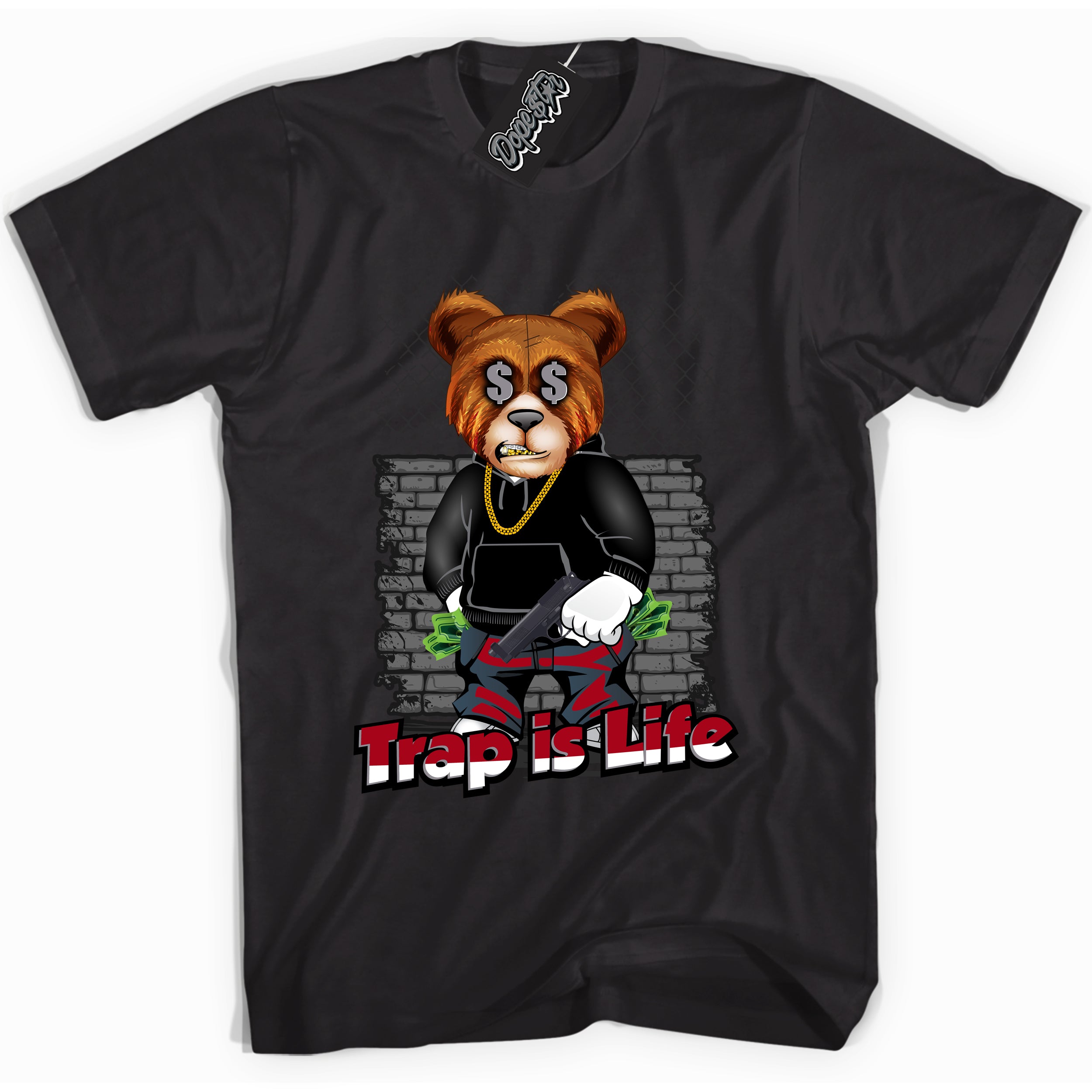 AJ5 Retro OG Black Metallic Reimagined “Trap Is Life” black streetwear t-shirt and matching sneaker tee for men and women by Sneaker Shirts Outlet.