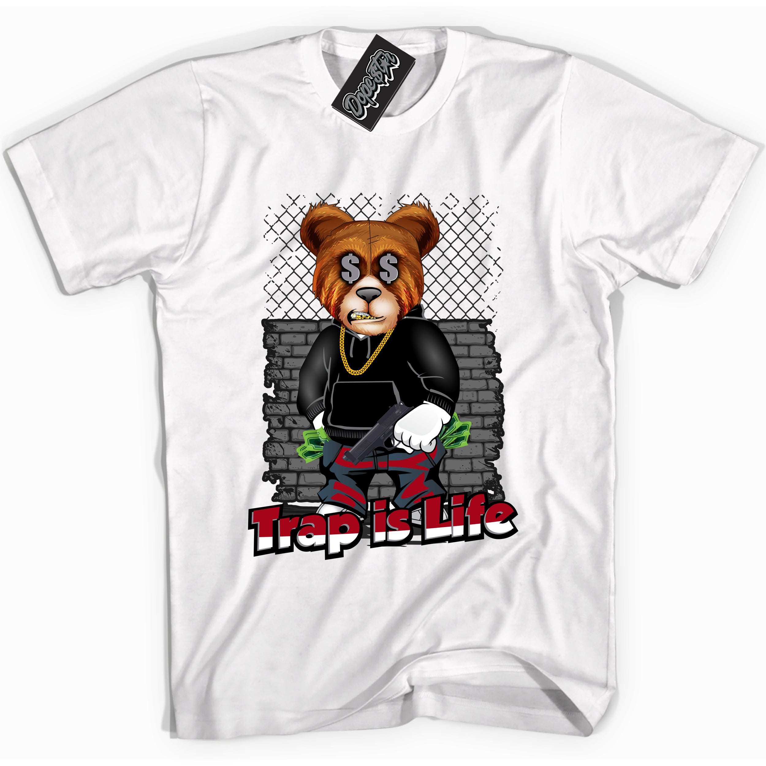 AJ5 Retro OG Black Metallic Reimagined “Trap Is Life” white streetwear t-shirt and matching sneaker tee for men and women by Sneaker Shirts Outlet.