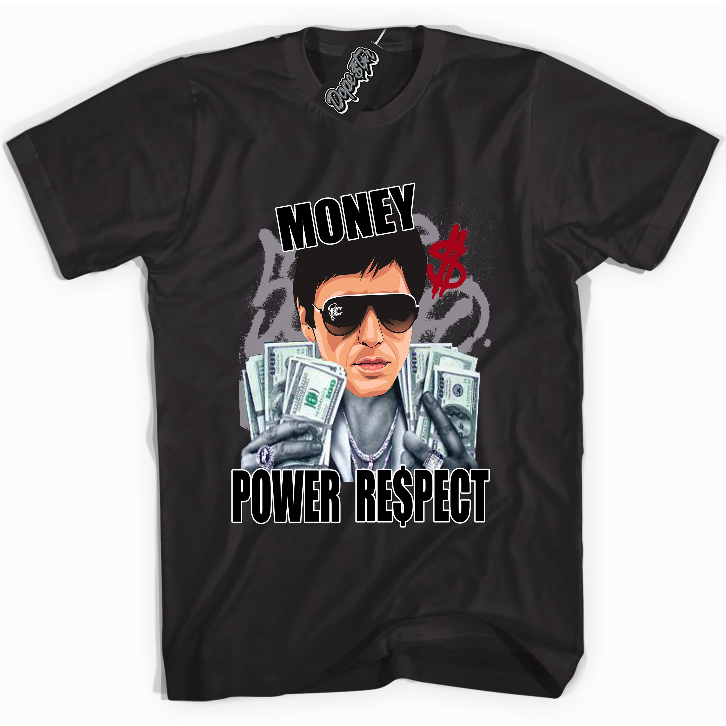 AJ5 Retro OG Black Metallic Reimagined “Tony Montana” black streetwear t-shirt and matching sneaker tee for men and women by Sneaker Shirts Outlet.