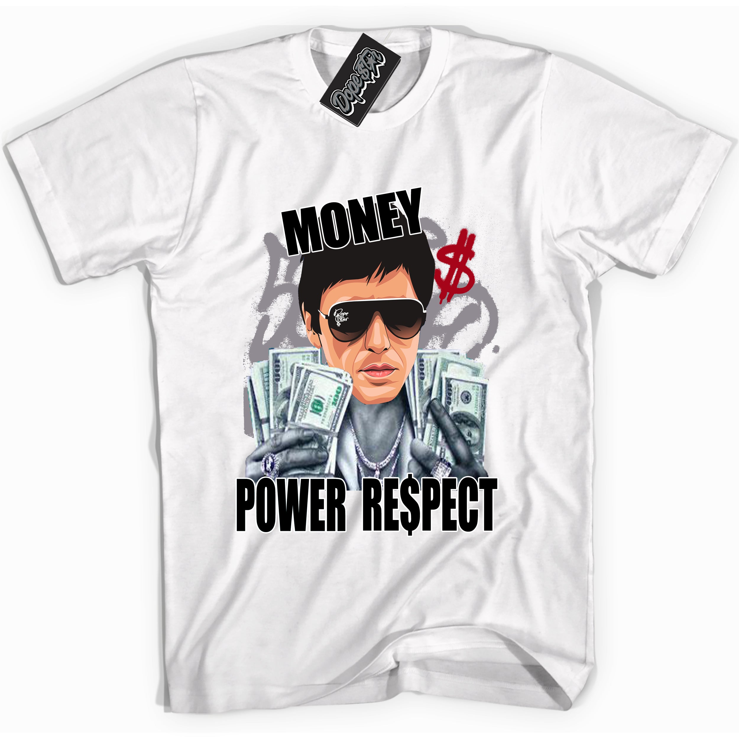 AJ5 Retro OG Black Metallic Reimagined “Tony Montana” white streetwear t-shirt and matching sneaker tee for men and women by Sneaker Shirts Outlet.