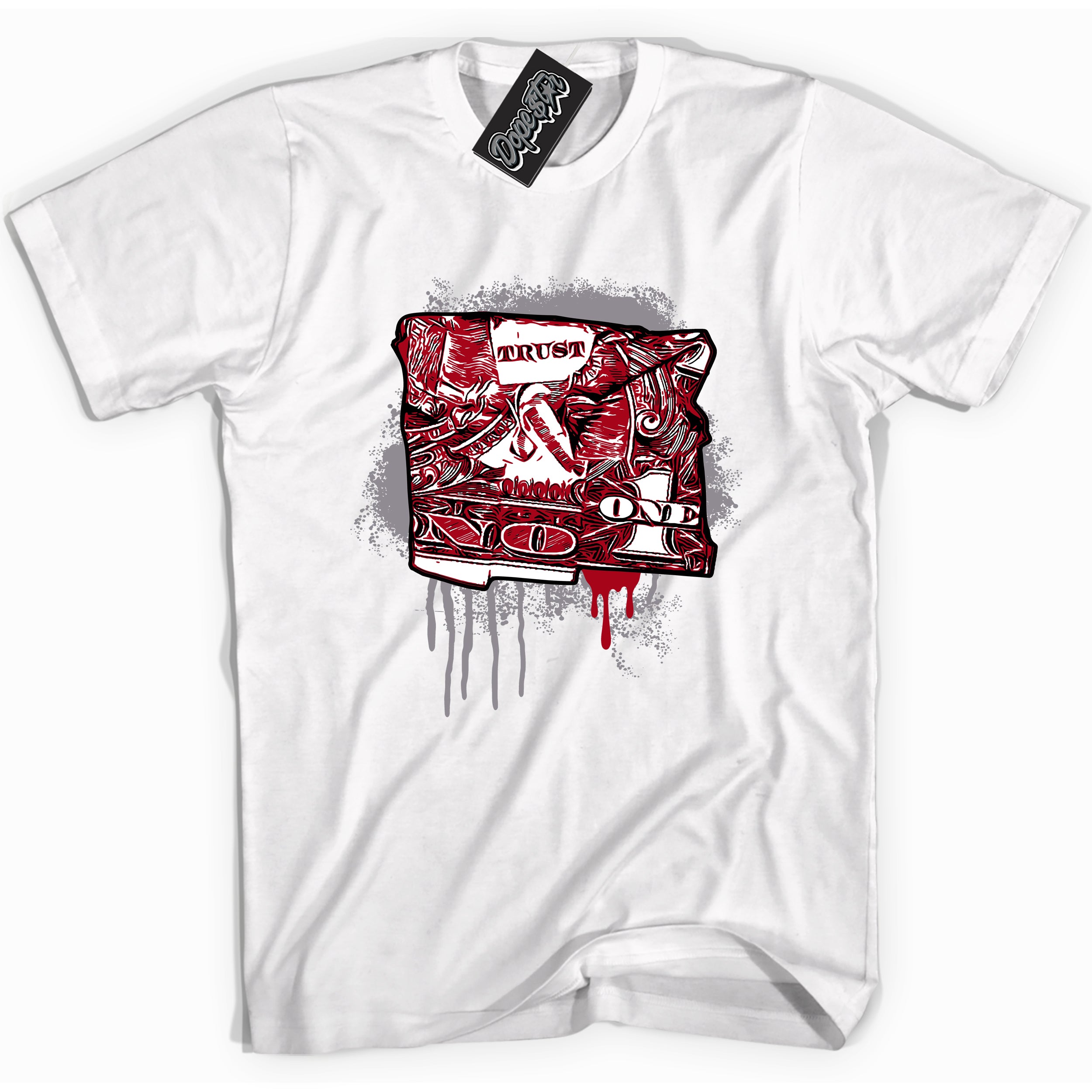 AJ5 Retro OG Black Metallic Reimagined “Trust No One Dollar” white streetwear t-shirt and matching sneaker tee for men and women by Sneaker Shirts Outlet.