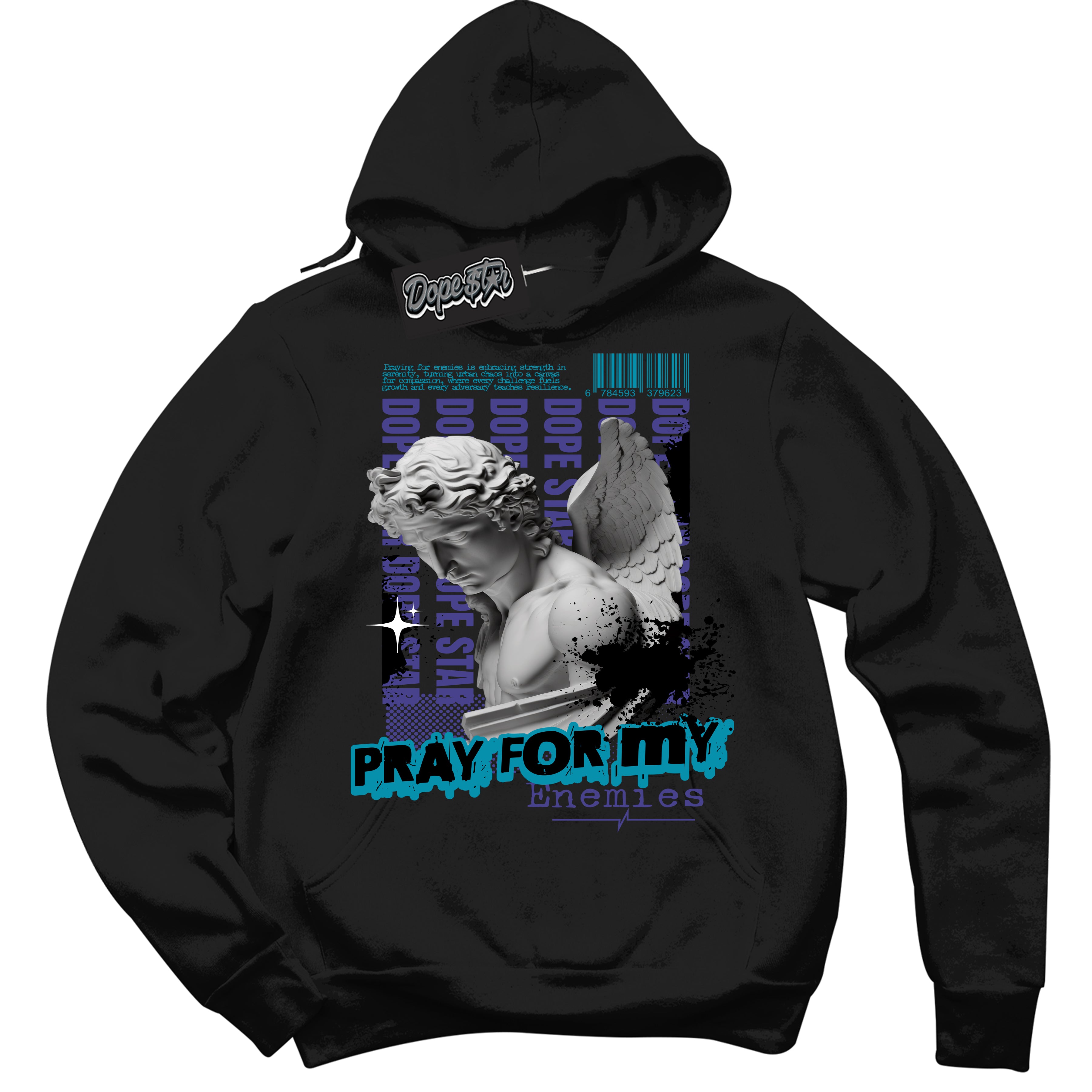 Cool Black Hoodie with “ Pray Enemies ”  design that Perfectly Matches Aqua 6s Sneakers.